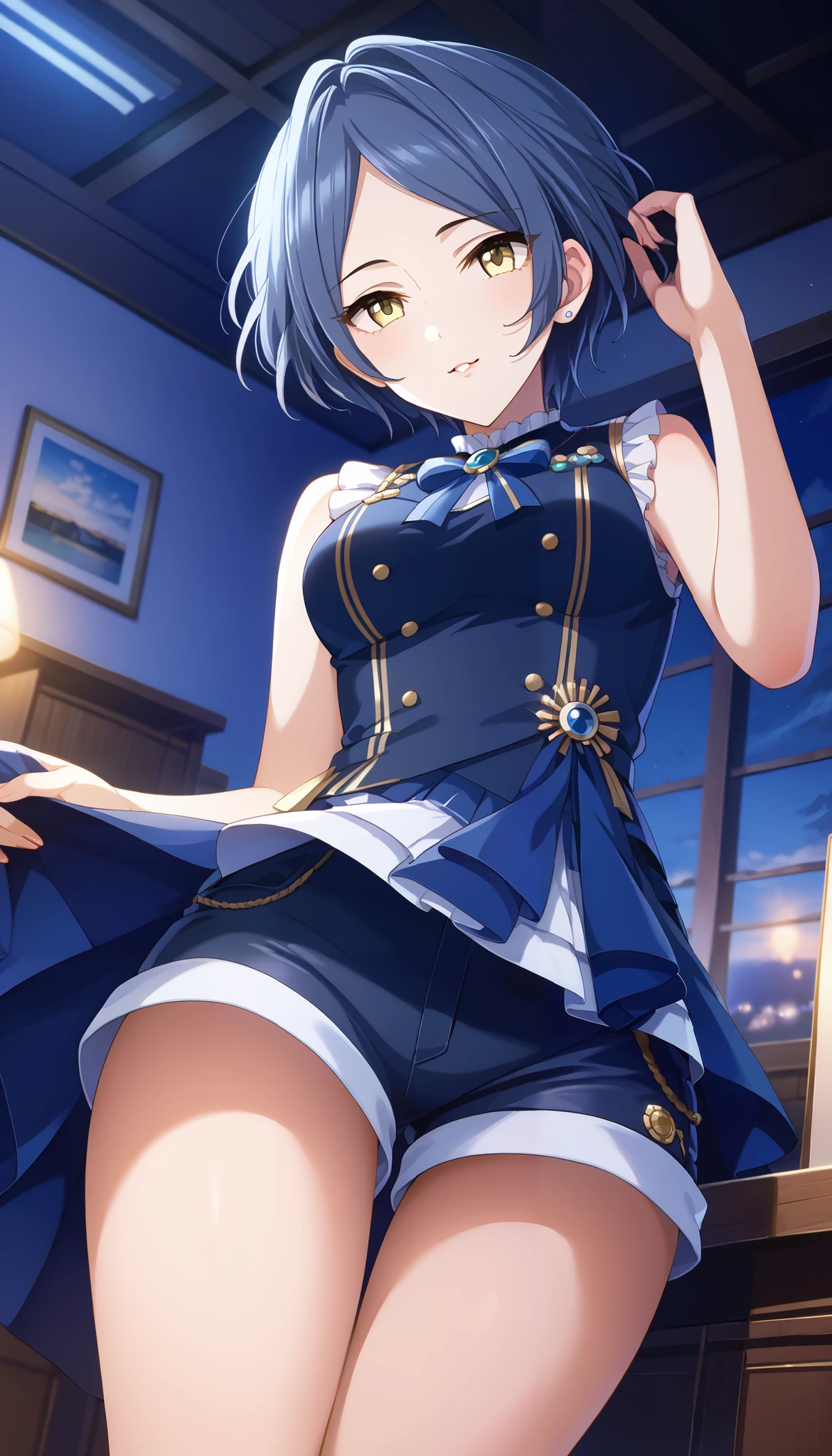 Hayami kanade/Hayami kanade、navy blue sleeveless、Navy blue shorts、low angle、medium breasts、room、Ulchan-6500-v1.1, ( RAW photos :1.2), beautiful detailed, very detailed目 美しい目, beautiful eyes、yellow eyes、 file size is large, high resolution, very detailed, best quality, [masterpiece:1.6], Awareness-raising, very detailed, CG, finely, best quality, 8K wallpaper, perfect figure、Dynamic、very detailed、blue hair、short hair、cover、Thin thighs、Bare legs