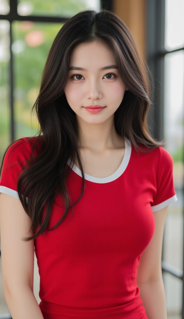 I am a 18 year old girl, Slightly larger hips, Long and straight hair, ((Hair details)) (Face detail), round Face, Smile, masterpiece, high resolution, ((Skin details)), (Face detail), (Hair details)), Large target , Innocent girl,  Face, Soft girl, Beautiful breasts, Pale skin, Realistic lighting, (((casual shirt))), (Casual wear), cute hair accessories, blue clothes), Ultra HD, Surreal, Full HD,Half Body，Sitting upright，Smile，Head facing the lens，