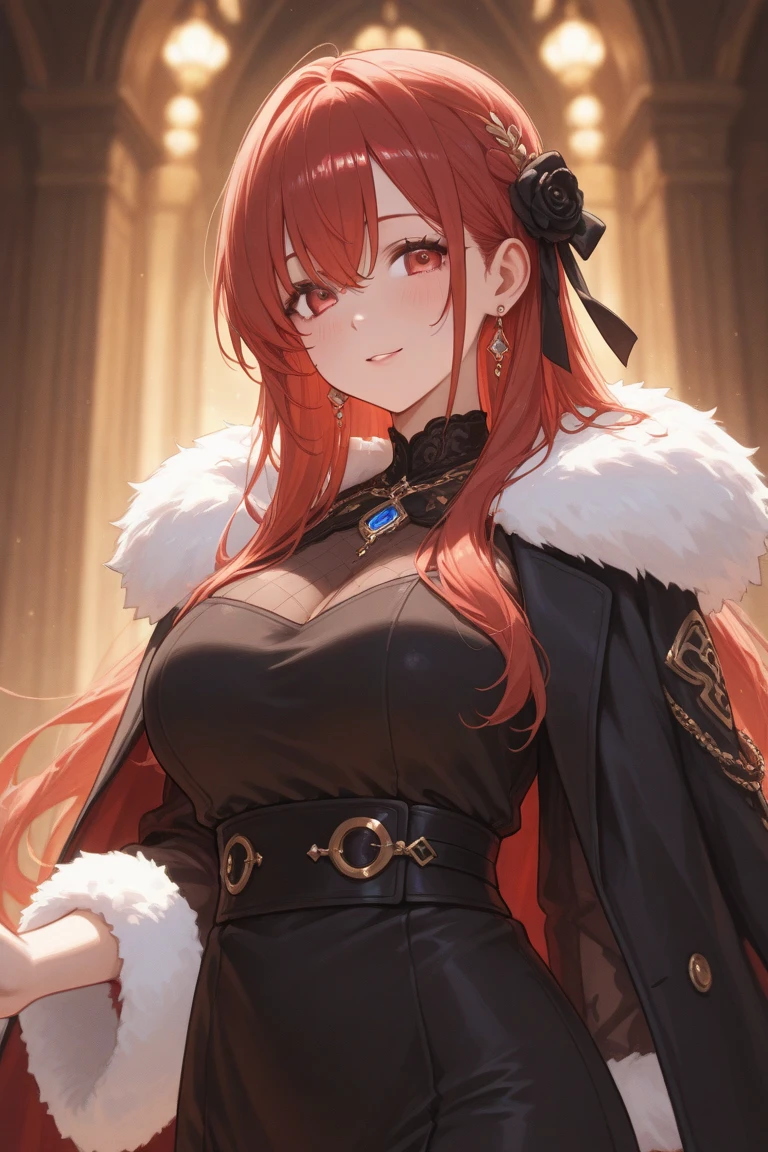 Adult woman, Long fiery red hair with purple ends, purple colored eyes, deer antlers, Herbalist's robe, Masterpiece, hig quality