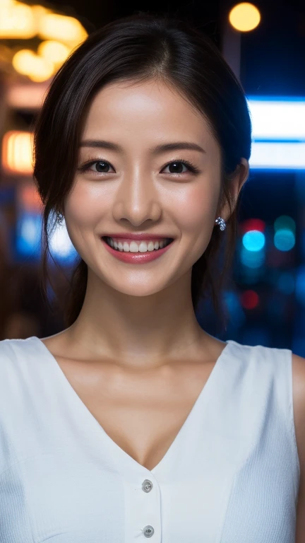 (8k, RAW Photos, Best Quality, High Resolution: 1.1), (Ultra Realistic: 1.4), (Realistic, Photorealistic: 1.3), Soft Light, Big Girl, Realistic Face, Realistic Body, Realistic Skin, Absurdity, Masterpiece, (Cute: 1.8), Cuties, Solo, (Large: 1.2), Detailed Black Eyes, Innocent Eyes, Cheeks, (Polo Shirts: 1.2), Cinema Light, Film Grain, (((Ponytail: 1.1)), Cherry Colored Lips, Close Up, Look Viewer, Upper Body, Open Lips, Upper Teeth, (Smiling Eyes: 0.6), (((grinning: 1.2)), Depth of Field, Blurred Background, Eye Focus, Bokeh, Midnight, Shinjuku, Neon Sign, Cyberpunk, Rain, 85mm Lens, f/1.4, Professional Lighting, Young, Portrait, Photon mapping, radiosity, and physically based rendering