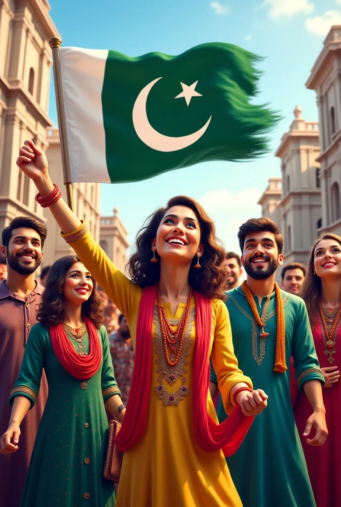 Pakistan flag being hoisted by women from different  pakistani cultures