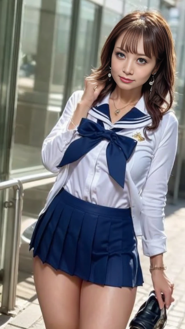 1girl, summer uniform, sailor uniform, short-sleeved shirt, blouse, skeleton uniform, Korean cosmetics, bra, embarrassed face, shy face, red tie ribbon, boyish face, touching face with hands, very short hair, socks, necklace, piercing, belly button exposed, beautiful legs, knee-high boots, dark skin, gyaru