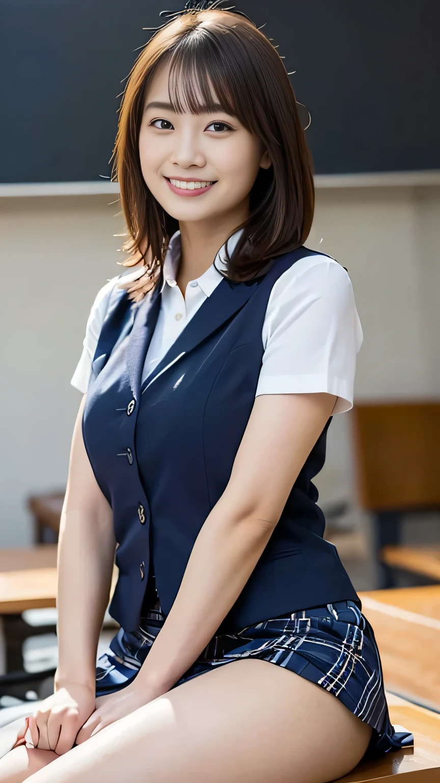 (Photorealistic), (Genuine:1.4), １With a girl、very cute girl, A shy smile, Plaid Vest, Skirt and thighs, Working at an office desk, realistic skin texture, Shiny Skins, exposed thighs,(Business Service), (very nice smile:1.2)