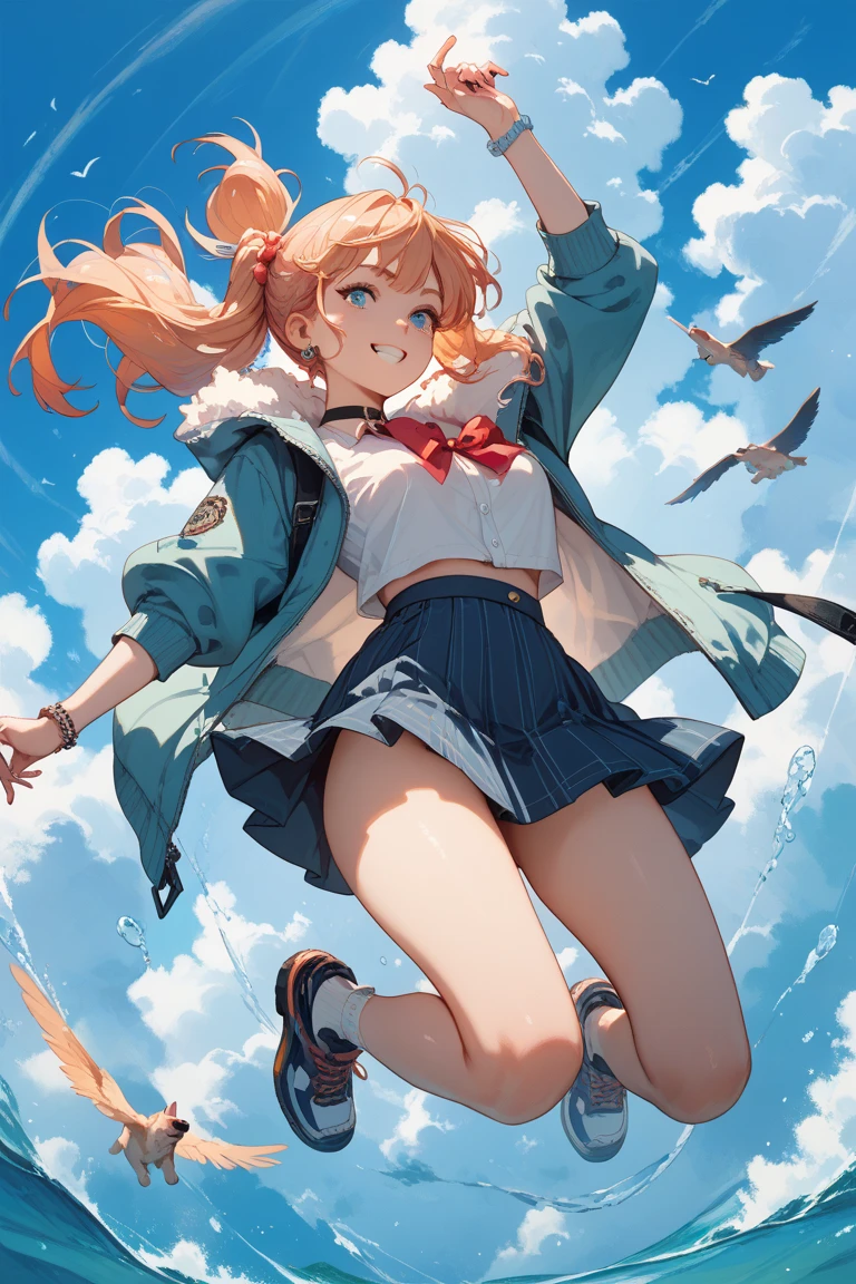 girl with,Smile faintly,Red Short Bob,Green eyes,big breasts,Black Blazer School Uniform,Light blue bow tie on the chest,light blue bowtie,Hair band on the head,shairband,Plaid skirt,Fluttering skirt,Light blue panties behind the skirt,Jumping,Jumpy,Angle from below