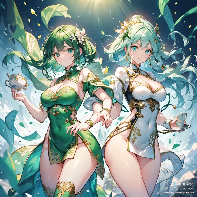 girl wearing green masic dress,(Casting a Spell:1.5)、、,Black Hair、girl、Bun Hair、hair ornaments、necklace、back、Devil horns、Anatomically correct、Swimwear、race、smile