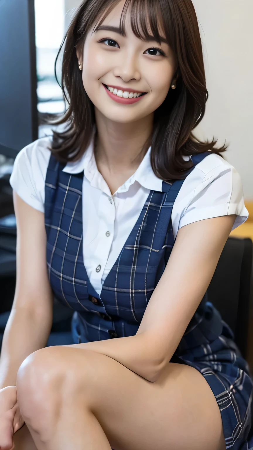 (Photorealistic), (Genuine:1.4), 1With a girl、very cute girl, A shy smile, Plaid Vest, Skirt and thighs, Working at an office desk, realistic skin texture, Shiny Skins, exposed thighs,(Business Service), (very nice smile:1.2)