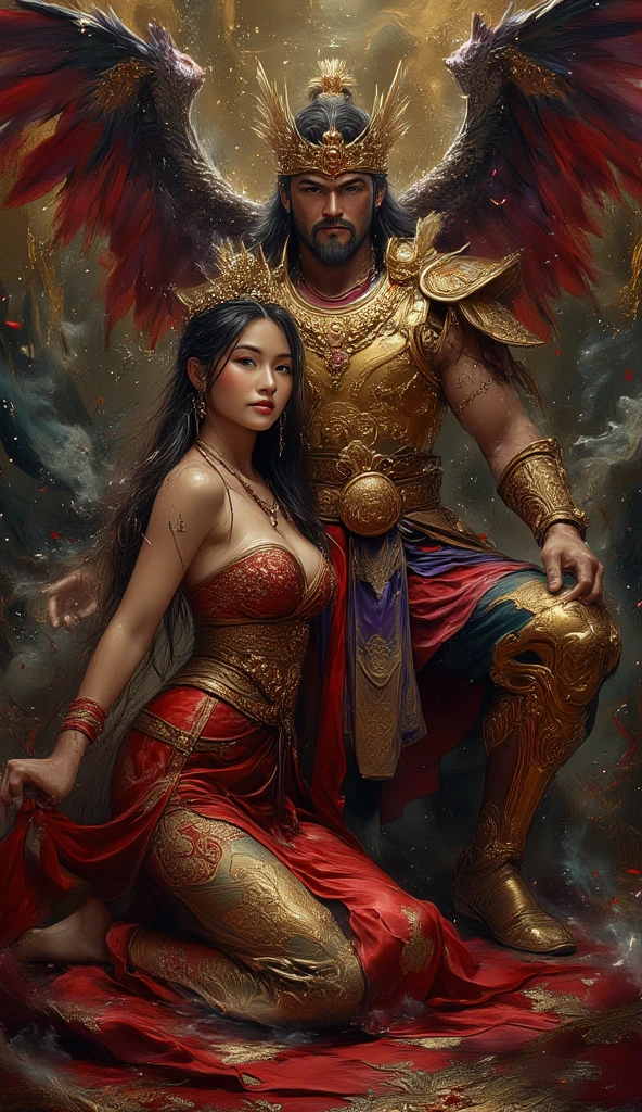 (couple nude cuddling) rough man Zeus muscular naked, beautiful, sexy pose, big breasts, cleavage, bare legs, see-through, standing, hanfu, wet, clear, realistic, highest detail, Chinese mythology, dragon pattern, phoenix, sacred, holy, golden mountains, heavenly palace, countless palaces, clouds, golden light, cock on vagina, penis on vagina, erotic pose