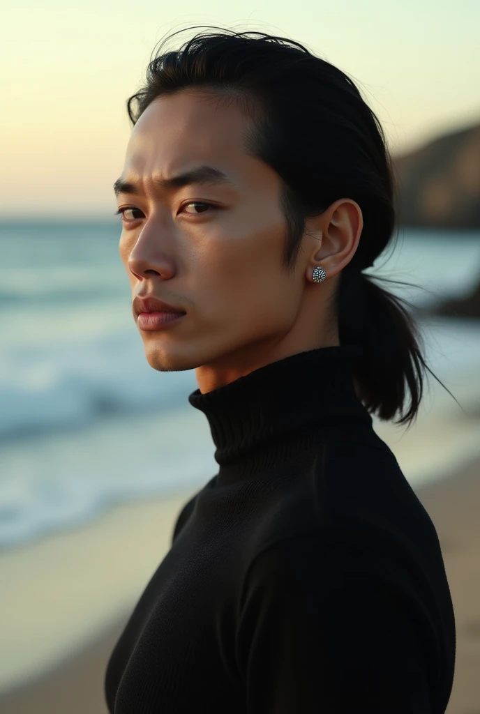 slim asian totaly naked male with long , ponytail on top of head, on the beach