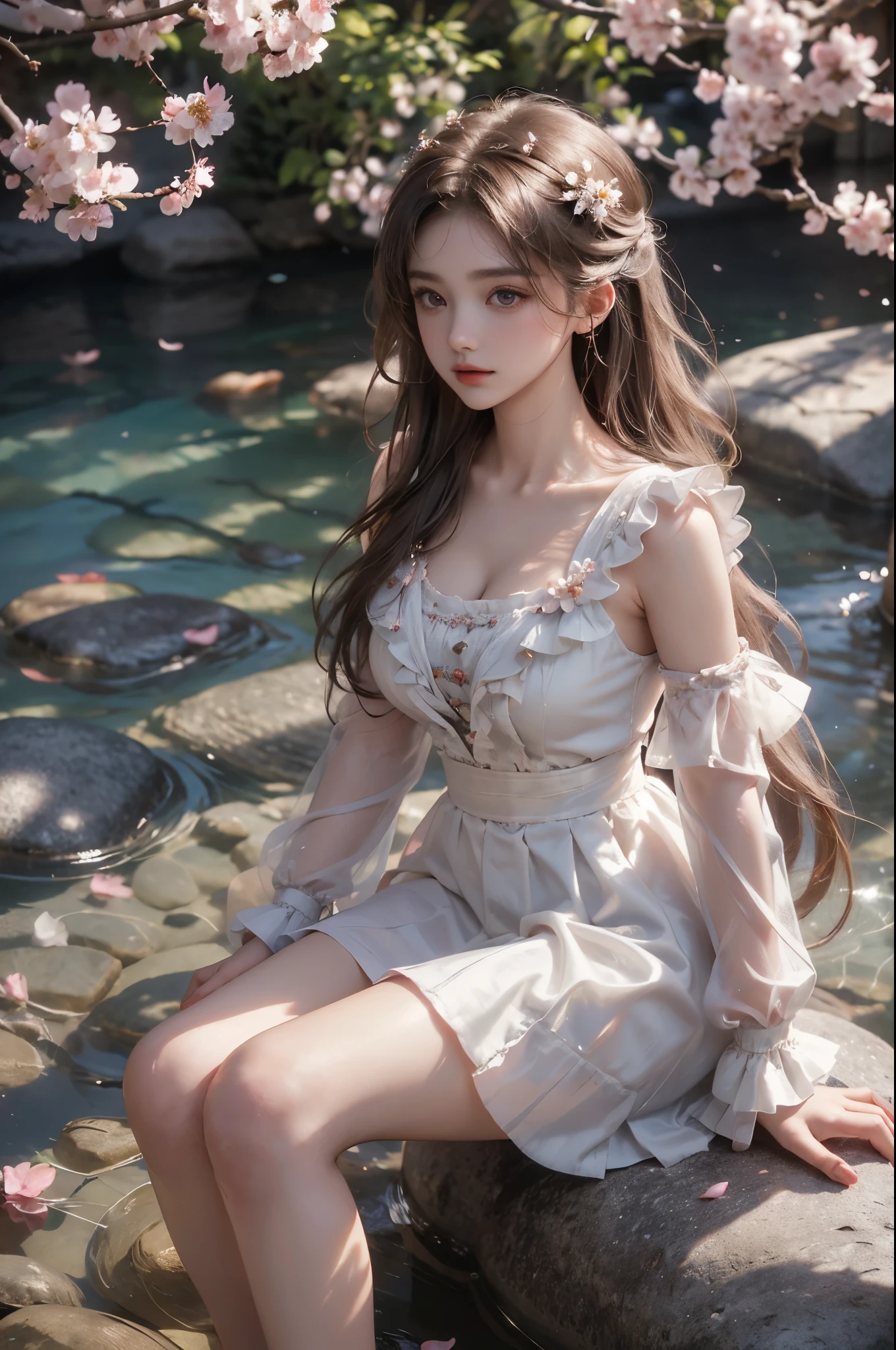 dress, bouffont dress, transparent long sleeves, daisies, cherry, ,,((photorealistic)), ((masterpiece)), (ultra-detailed), (high quality), beautiful young woman, (Full breasts, visible cleavage), (Very short hemline, revealing smooth thighs), (Correct and beautiful leg shape), perfect facial features, flawless skin, flowing long hair, slim figure, (Warm colors, warm sunshine), (sitting on a large rock in a river:1.3), (feet dangling in clear flowing water:1.2), (one hand elegantly running through her hair:1.2), (scattered cherry blossom petals:1.3), (floating petals in the air:1.2), (The cherry trees in full bloom), (petals on water surface:1.2), soft natural lighting, shallow depth of field, gentle water ripples, cinematic lighting, professional photography, 85mm lens, F2.8, bokeh