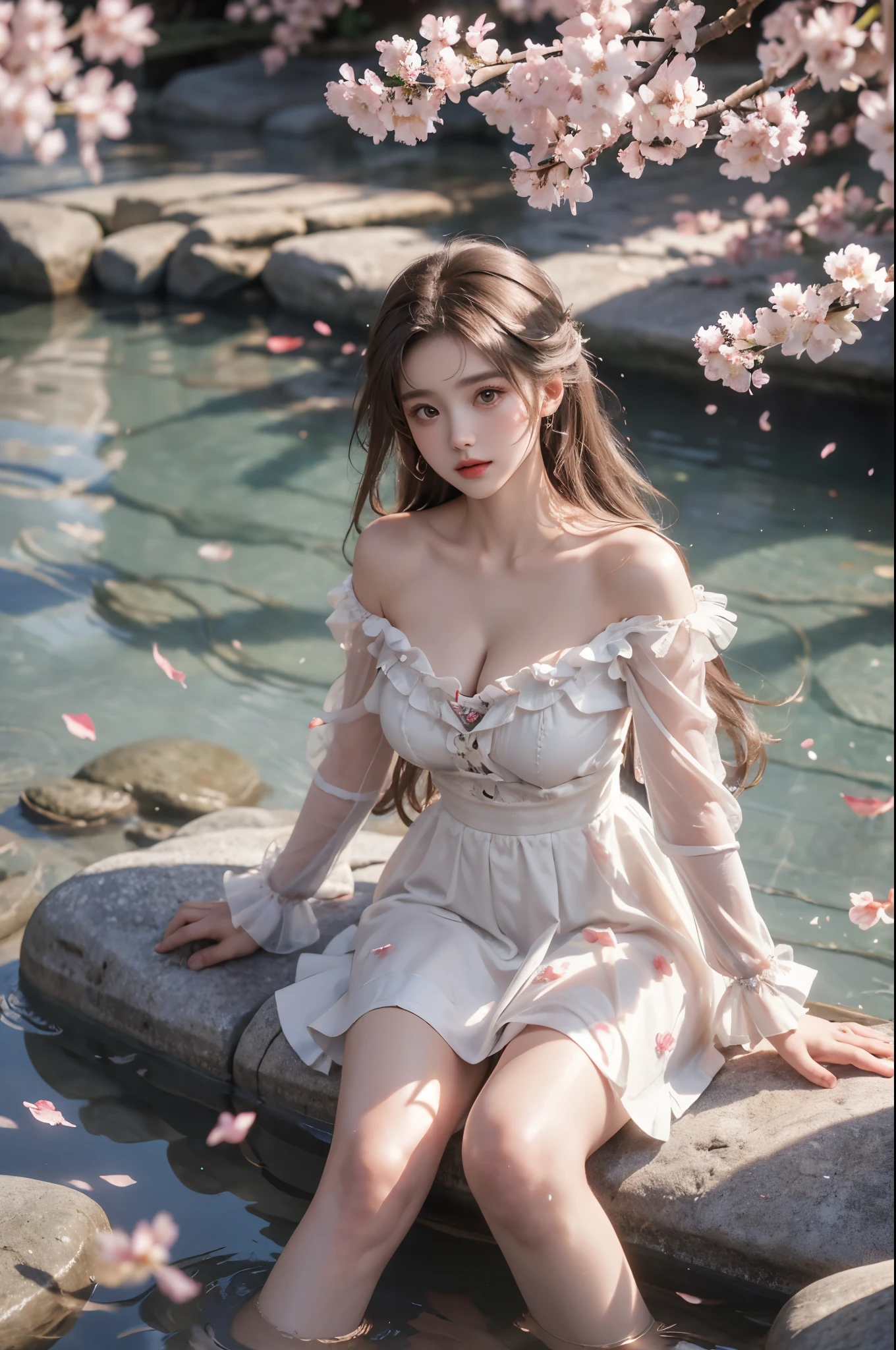 dress, bouffont dress, transparent long sleeves, daisies, cherry, ,,((photorealistic)), ((masterpiece)), (ultra-detailed), (high quality), beautiful young woman, (Full breasts, visible cleavage), (Very short hemline, revealing smooth thighs), (Correct and beautiful leg shape), perfect facial features, flawless skin, flowing long hair, slim figure, (Warm colors, warm sunshine), (sitting on a large rock in a river:1.3), (feet dangling in clear flowing water:1.2), (one hand elegantly running through her hair:1.2), (scattered cherry blossom petals:1.3), (floating petals in the air:1.2), (The cherry trees in full bloom), (petals on water surface:1.2), soft natural lighting, shallow depth of field, gentle water ripples, cinematic lighting, professional photography, 85mm lens, F2.8, bokeh