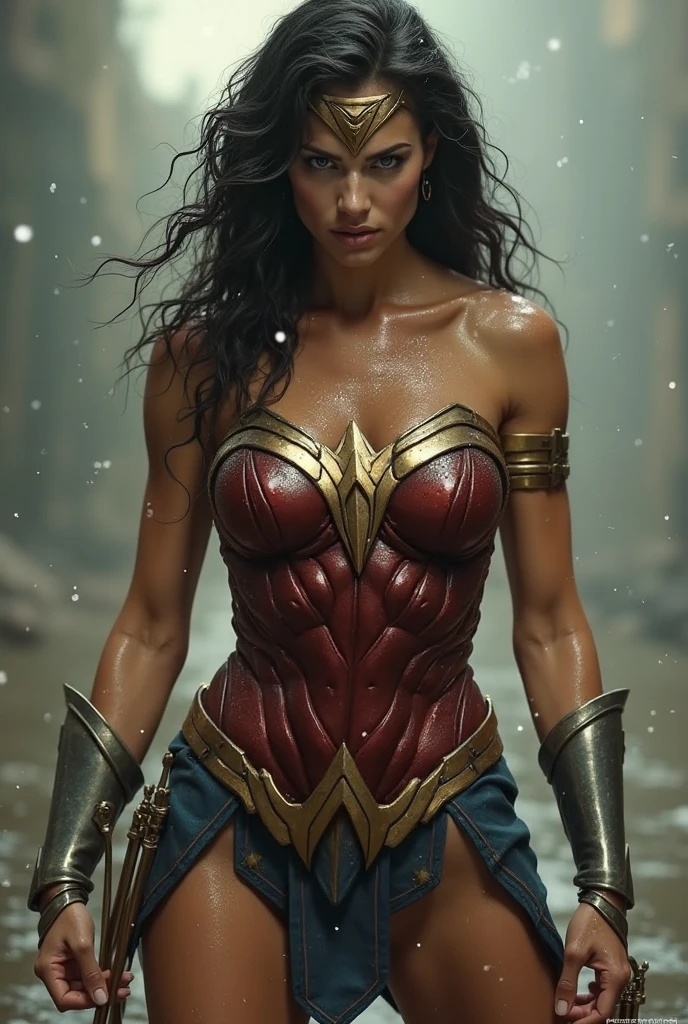 Art image of (Scarlett Johansonn) as Wonder Woman,looking at viewer,fierce facial expression, busty, beautiful, black hair, large breasts, ancient Athens background, by Louis Royo, Boris Vallejo, Frank Frazetta, extreme focus, sharp details, sexy, oily skin, sexy, naughty, sexy pose