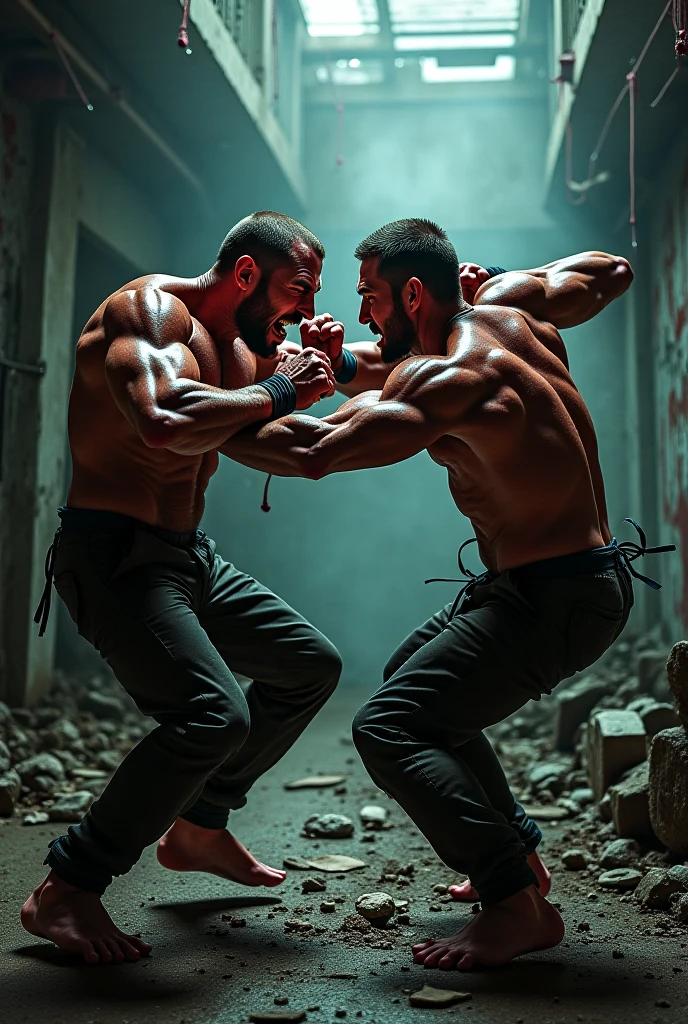 An underground club with a ring in the garage、Big muscles、Men、Lynching、Body Punch、prison、Large Breasts、Loincloth