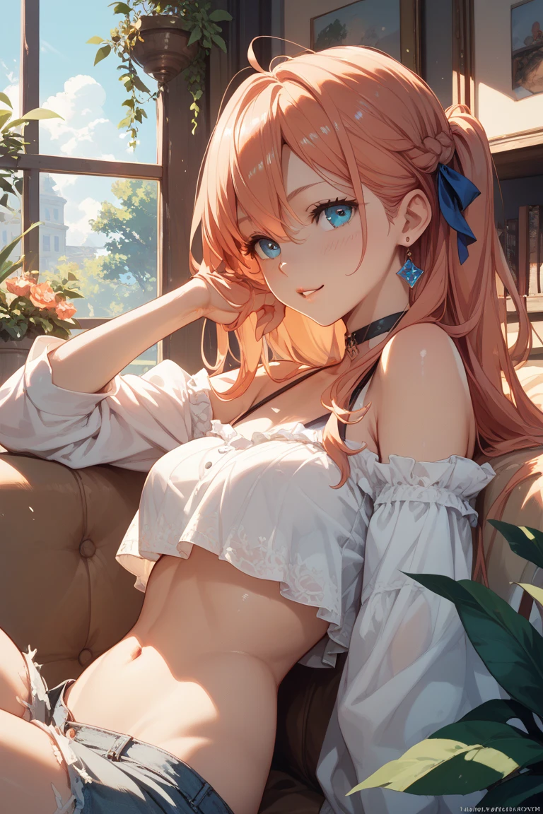 (*****, top-quality, 8K, masterpiece, Top image quality, Hi-Res, super detailing, Ultra HD, (Delicate and smooth skin, real looking skin, Perfect and beautiful face ,Perfect and cute face, high detail skin, Perfect limbs)), 1girl , no bra, braid covering nipple , down blouse, cleavage, sweating, camisole falling off shoulder, animal ear fluff , animal ears , blue eyes , blushing , collarbone , cowboy shot , hair between eyes , long hair , looking at viewer , medium breasts , open mouth , orange hair , single braid , solo , simple white background , white camisole , on all fours, leaning forward, mari (blue archive)