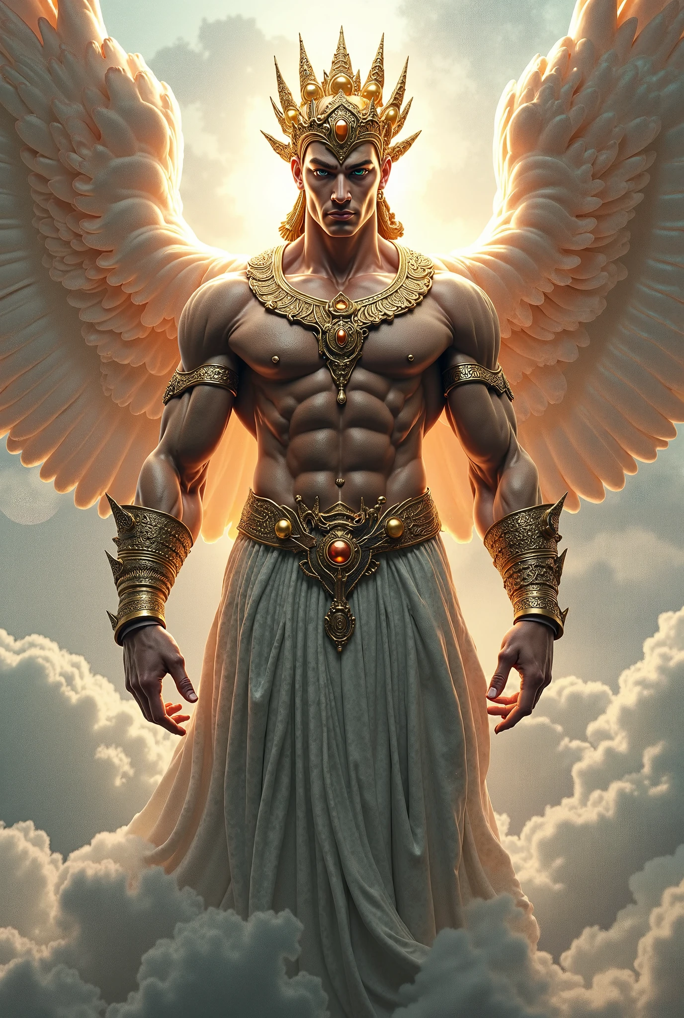 The man is an angel, fair skin, muscular, very fair skin, black hair, handsome, tough, wearing ancient Indian clothing, the background is an ancient temple heaven.