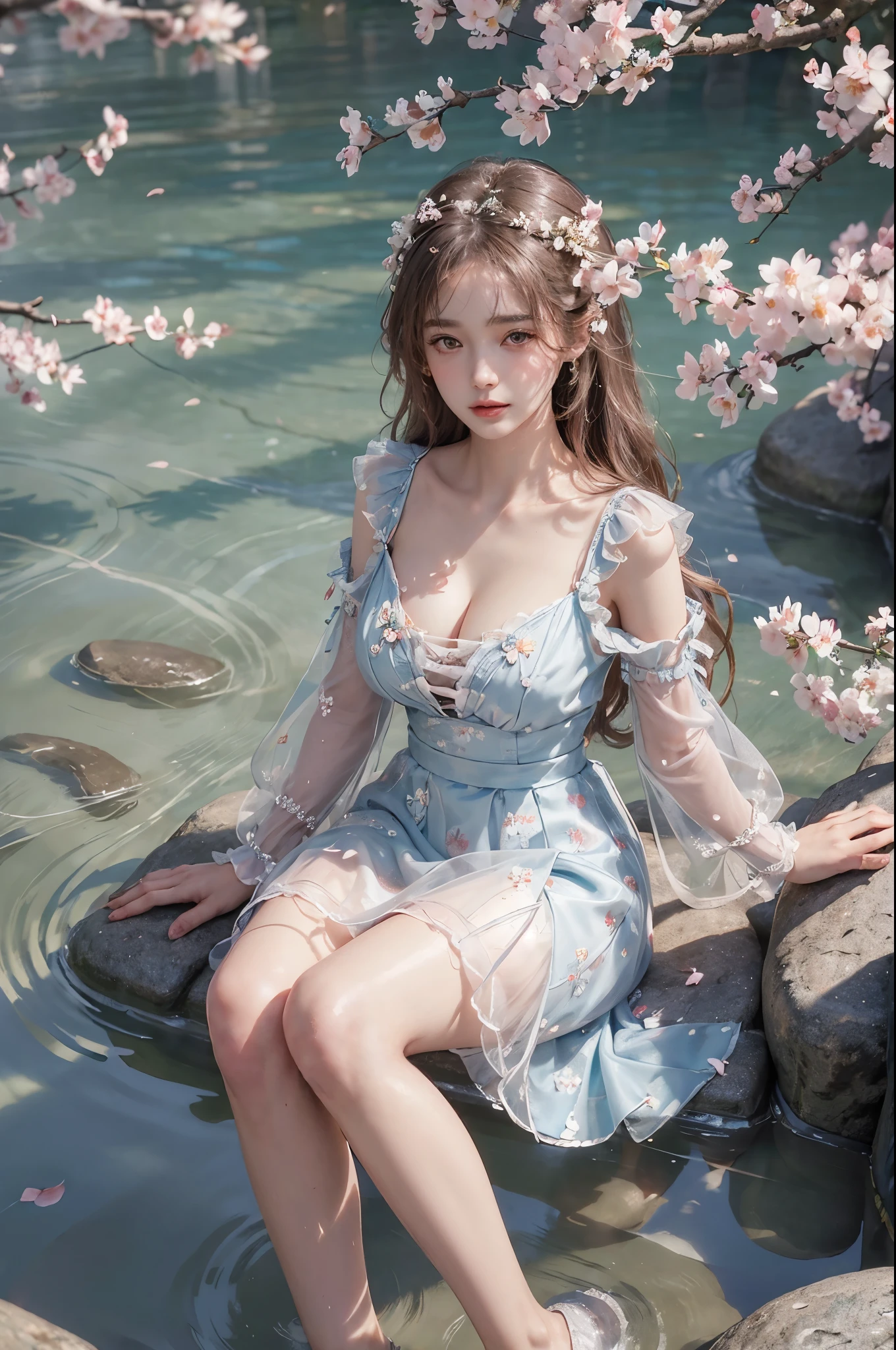 dress, bouffont dress, transparent long sleeves, daisies, cherry, ,,((photorealistic)), ((masterpiece)), (ultra-detailed), (high quality), beautiful young woman, (Full breasts, visible cleavage), (Very short hemline, revealing smooth thighs), (Correct and beautiful leg shape), perfect facial features, flawless skin, flowing long hair, slim figure, (Warm colors, warm sunshine), (sitting on a large rock in a river:1.3), (feet dangling in clear flowing water:1.2), (one hand elegantly running through her hair:1.2), (scattered cherry blossom petals:1.3), (floating petals in the air:1.2), (The cherry trees in full bloom), (petals on water surface:1.2), soft natural lighting, shallow depth of field, gentle water ripples, cinematic lighting, professional photography, 85mm lens, F2.8, bokeh