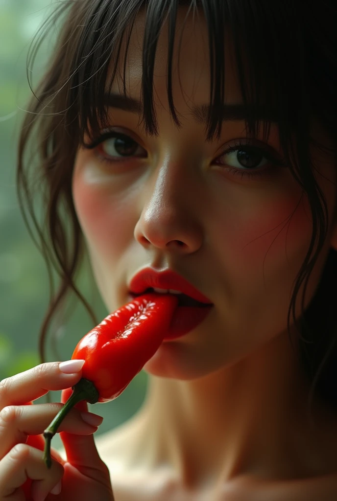 A cat woman wearing red bra and  having 2 kg of boops  and eat Red carrot 🥕 
