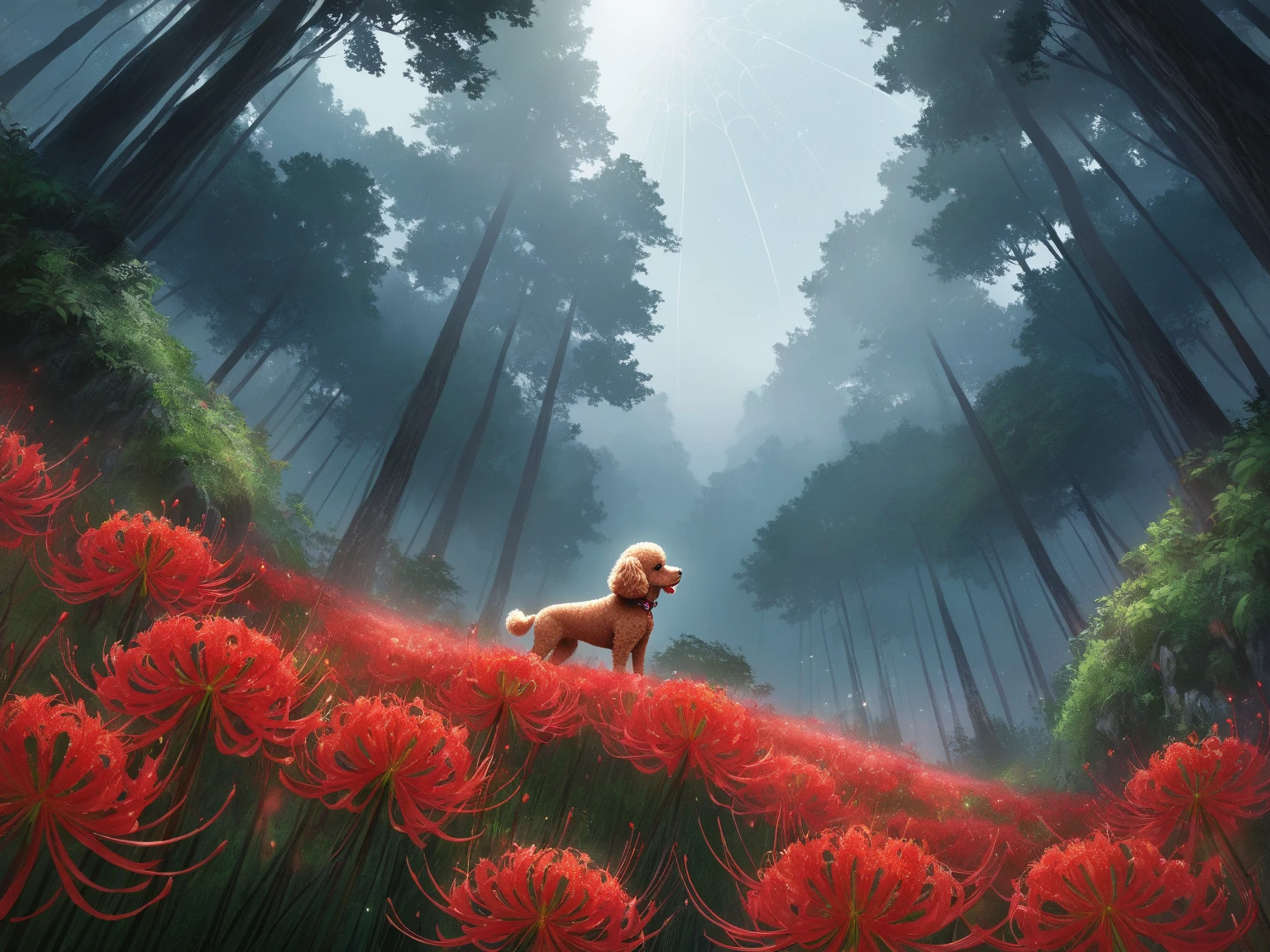 一面の真っ赤なRed spider lily、spider lily、woman in hakama and toy poodle、Alone、Green Forest、Foggy、 purple starry sky、haze、Sparkle、Front、from below、Ultra Wide Angle、best quality、masterpiece:1.2、8k、isometric drawing、ARW's 、Red spider lily