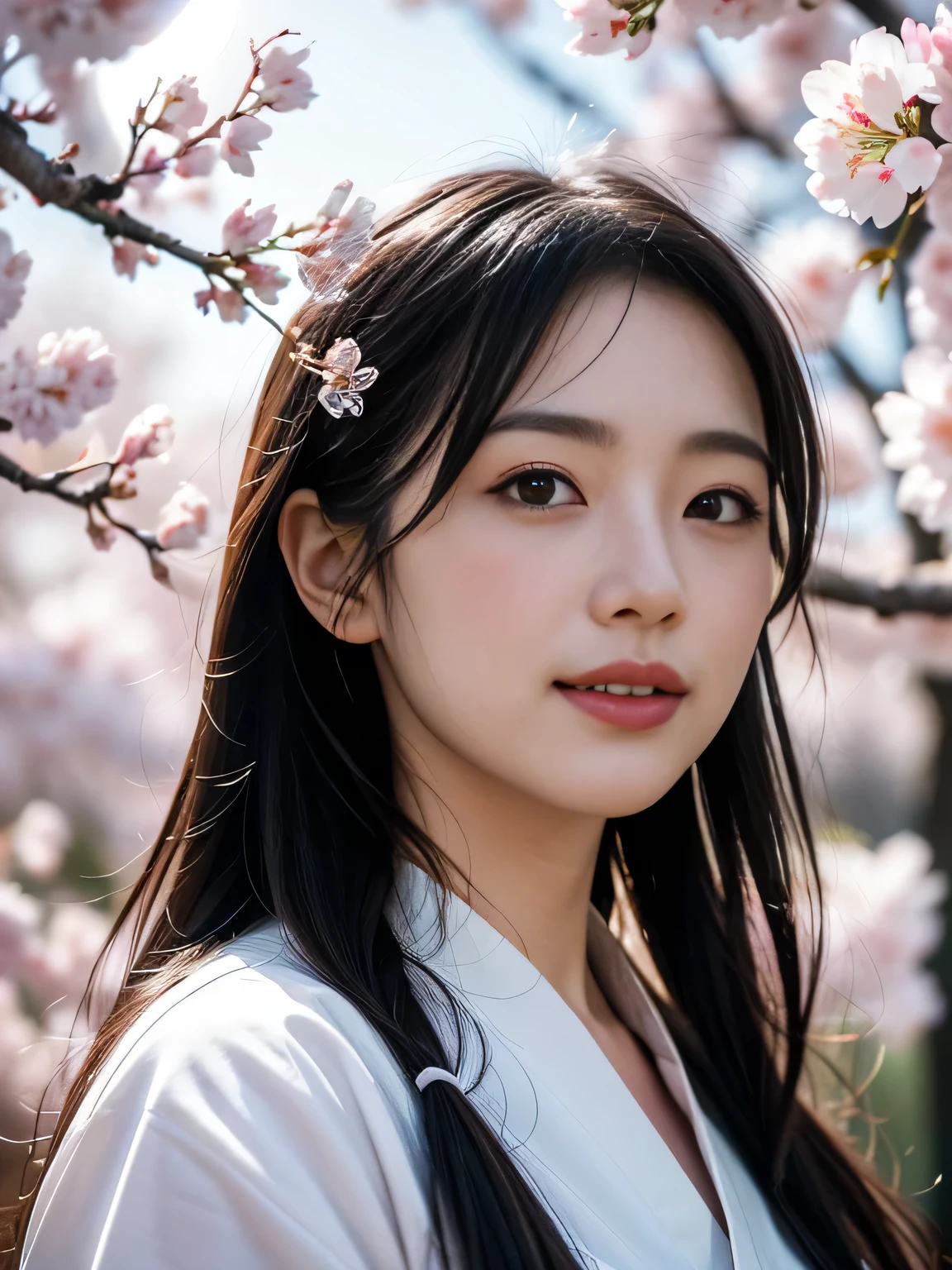 (Highly detailed CG unity 8_K wallpaper,(masterpiece,RAW Photos,Best Quality,realistic photo realistic,Very detailed,absurd_res:1.3),Dunhuang_style,Ancient Asia,hyper_realistic_photo,hyper realistic photo,Draw a full-body image of the beautiful cherry blossom goddess with cherry blossoms in full bloom and pale pink as motifs,realistic skin texture,gently smile,head to toe full body,風になびく black hair,camera angle from below, Bold Composition,A large number of cherry blossoms fluttering,in the night,perfect dynamic composition,Volumetric Lighting BREAK detailed and out_of_focus_background,lens flare,(from below ground level,perfect dynamic composition,Dutch angle),