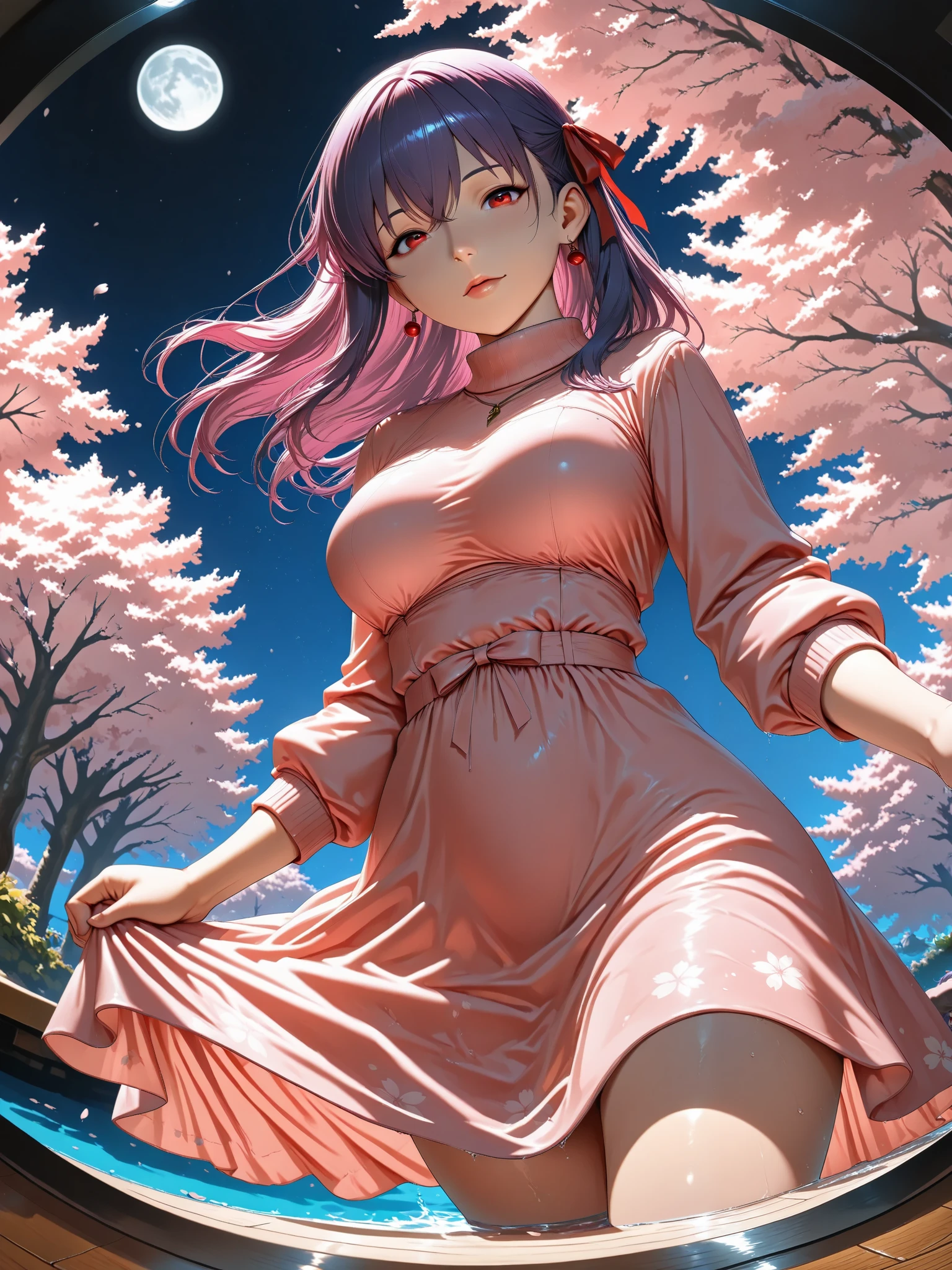((Best Quality)),( super high definition),(Super detailed),( detailed description ),((The best CG)),(masterpiece), source_anime,
Sakura _Matou, long hair, red eyes, purple hair, hair ribbon, red clear eyes, iris,dark persona, corrup tion,realistic,Cherry blossoms falling、Reflections on the surface of the water
dress, pink dress, turtleneck, striped, long sleeves,
outdoors, moon, night, night sky, (she hold a bow and aim at a viewer)
looking at viewer, dutch angle, cowboy shot, (The floor is covered with water and reflects the cherry blossom scenery at night),(Fantastic Scenery:1.5),(the floor is covered with water:1.4), (fisheye angle from below:1.5),