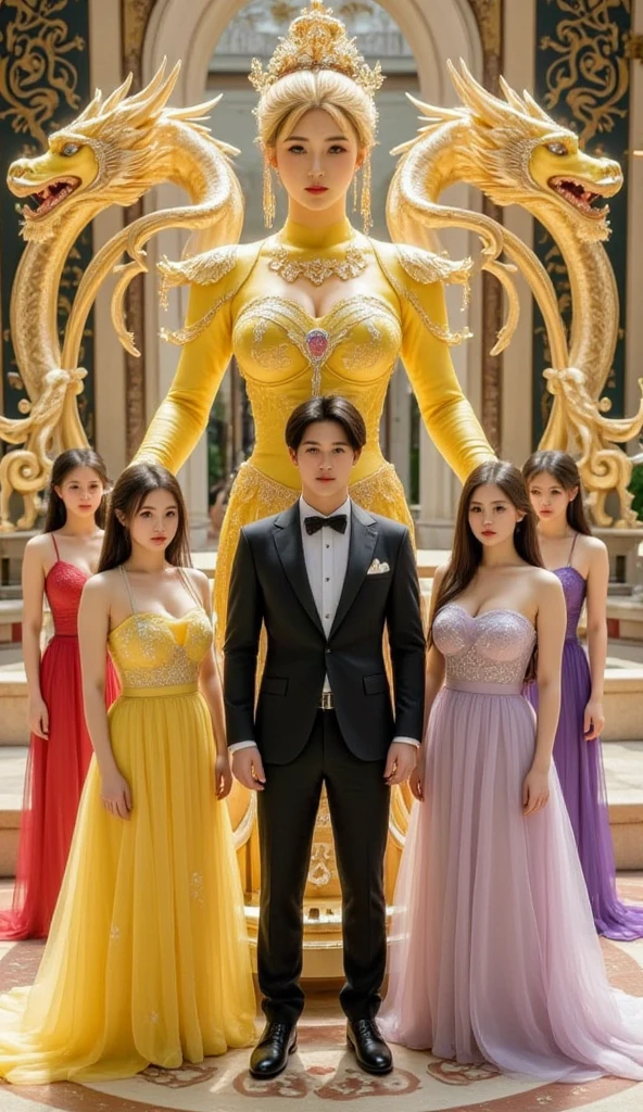 there are four people dressed in costumes posing for a picture, glamourous cosplay, publicity cosplay, elegant glamourous cosplay, inspired by Hedi Xandt, official fanart, band of gold round his breasts, full-cosplay, exotic costumes, gold suit, golden skin, ornate cosplay, gold skin, harem, professional cosplay, inspired by hajime sorayama