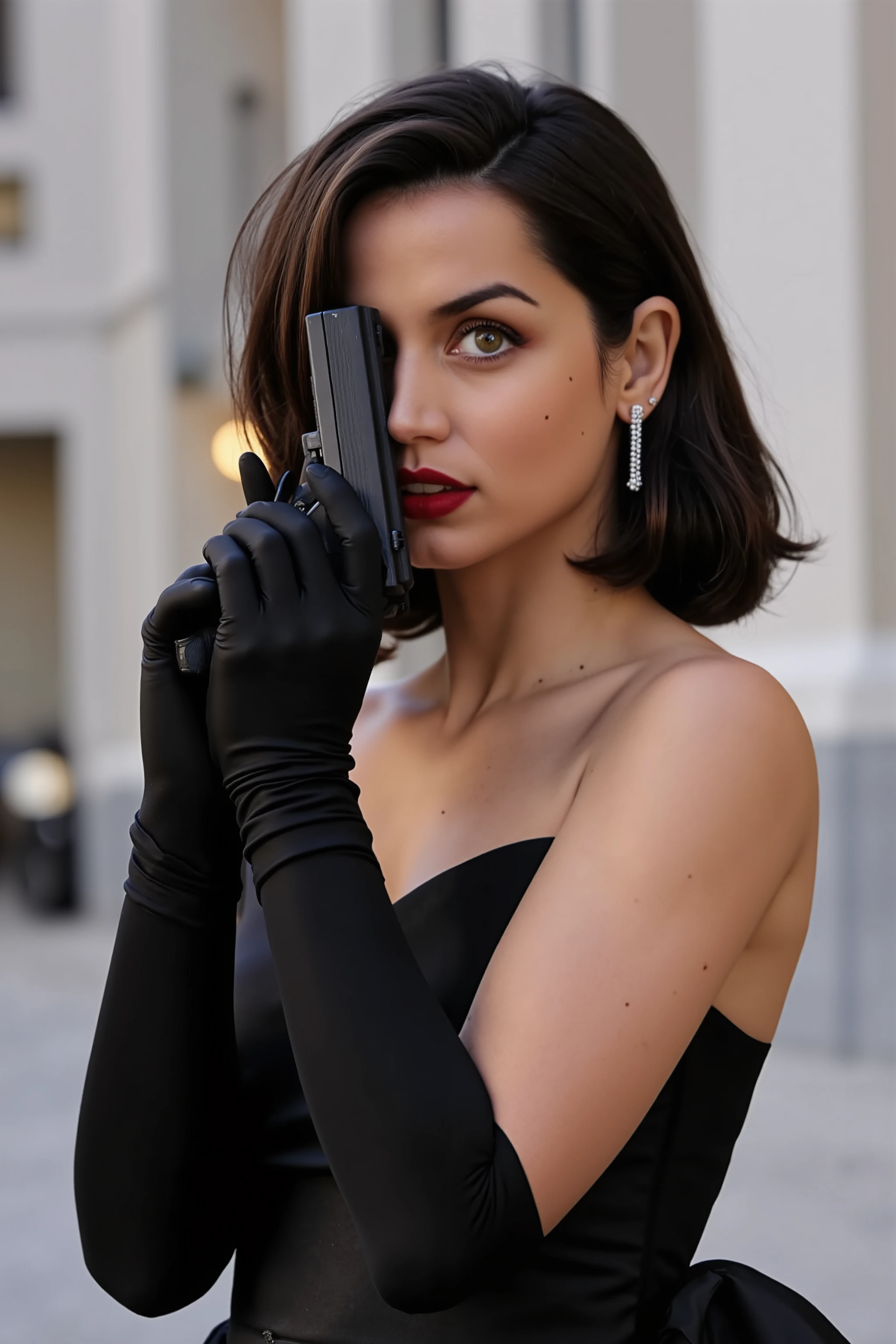 A young woman, light-skinned, with shoulder-length, wavy black hair,  red lipstick , and noticeable, expressive eyes, is depicted in a three-quarter view.  She's holding a handgun in her right hand, covered by long black satin gloves. Her expression is intense and slightly serious, with her gaze directed at the viewer. She's wearing a black, sleeveless,  mid-length, elegant gown.  Silver, dangling earrings and potentially additional jewelry are visible.  She has a slender build.  She is positioned slightly off-center, angled to her right, her body oriented toward the viewer.  The background is out-of-focus, with a blurred urban setting, light-gray and off-white buildings behind her. The lighting is dramatic, highlighting the woman's face and the gun while subtly darkening the background.  The image has a stylish, high-fashion, and slightly dramatic aesthetic. The overall composition and perspective are designed to create a sense of intrigue and suspense.