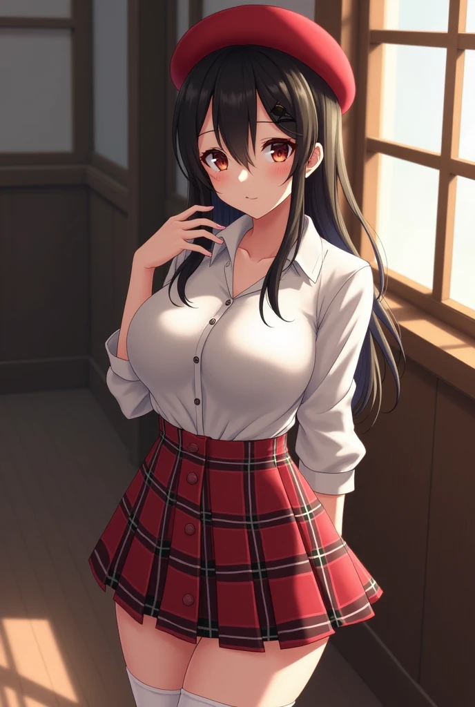 (Ultra Masterpiece), Best quality, OverDetailed, Ultra-Detailed, Digital Art, Detailed Face, (18K++, HD+), (Hyper-Detailed Eyes:1.3), (Absurdres:1.3), (Skindentation: 1.2), (Realism: 1.25), (Best shadow: 1.25), (Anime:1.3); [Expressive eyes, /(Tsundere face)/, /(Tsundere looks)/, (Perfect face)++, (seductive beauty)+, Plump Gyaru, Huge breasts, Very curvy, (dark hair), Long hair, Bracelets, Beautiful hairstyle, (amber eyes), Full lips, (face filled with happiness, shy expression, blushing), very cute], ((beautiful character design))+, At home; /(Clothes details)/, Professional photo, (90s anime style). [(Toned legs, Thick thighs), (slim waist), Big breasts, Ray tracing, (Perfect face+), Octane render, Hentai realism, good looking shirt, ((white) collared shirt: 1.3), (open clothes), good-looking skirt, ((red) Skirt: 1.2), mini-skirt, (cleavage: 1.1)], At home, Huge breasts, Wide hips, (Shiny skin), (Very healthy body), 1 Female, (bold and assertive pose), (Very sexy+, Gorgeous woman+, young mature woman+), Facing the viewer, (Tsundere: 1.4)+