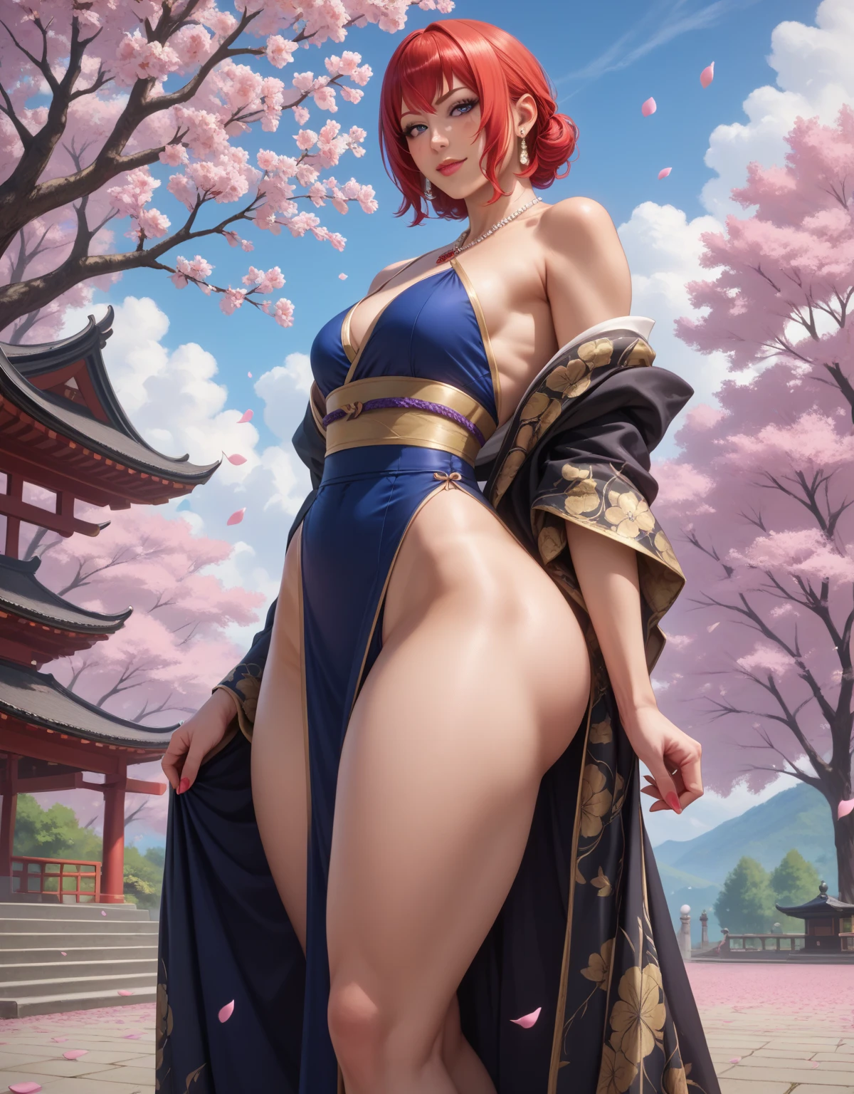 (masterpiece), best quality, expressive eyes, perfect face, front lighting, (outside japanese garden background), (posing), (smirk), (cleavage view), (1girl, 18 years old, Nami (one piece), black makeup, black lips, orange hair, short hair, low ponytail, hair bow, blue bow, brown eyes, hourglass figure, left shoulder tattoo, skinny body, thin body, petite_body, small breasts, wide hips, thick thighs), (geisha, geisha outfit, blue kimono, short kimono, bare shoulders, collarbone, short sleeve, strapless, exposed cleavage, bracelet, sash, obi), 