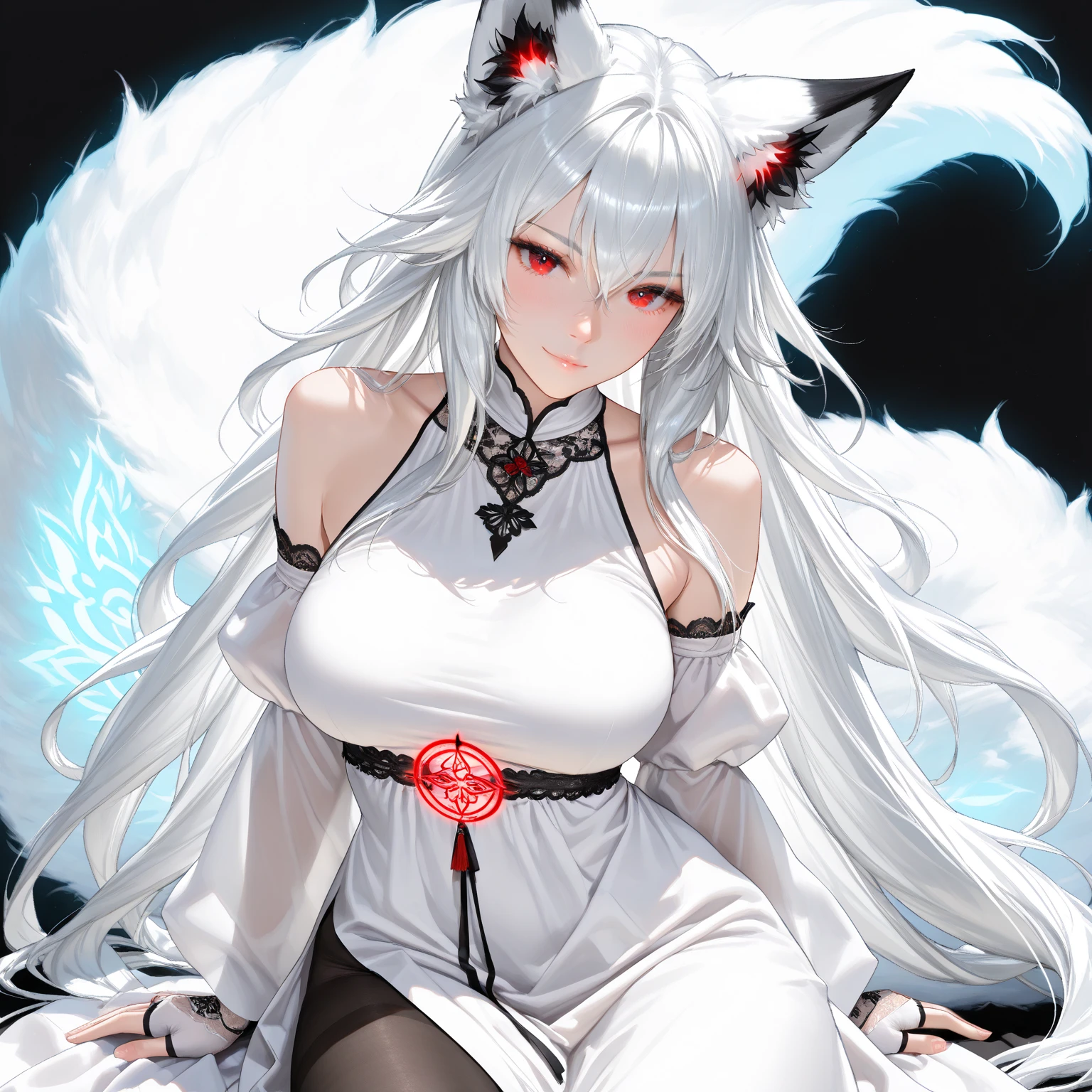 upper body portrait, monochrome, black and white, Film noir screen cap ,(8K), (large masterpiece photograph), stunning fox demon, silver hair femme fatale in stylish Japanese kimono, (white fox tail:1.5), seductive, beautiful, huge natural breasts, cleavage