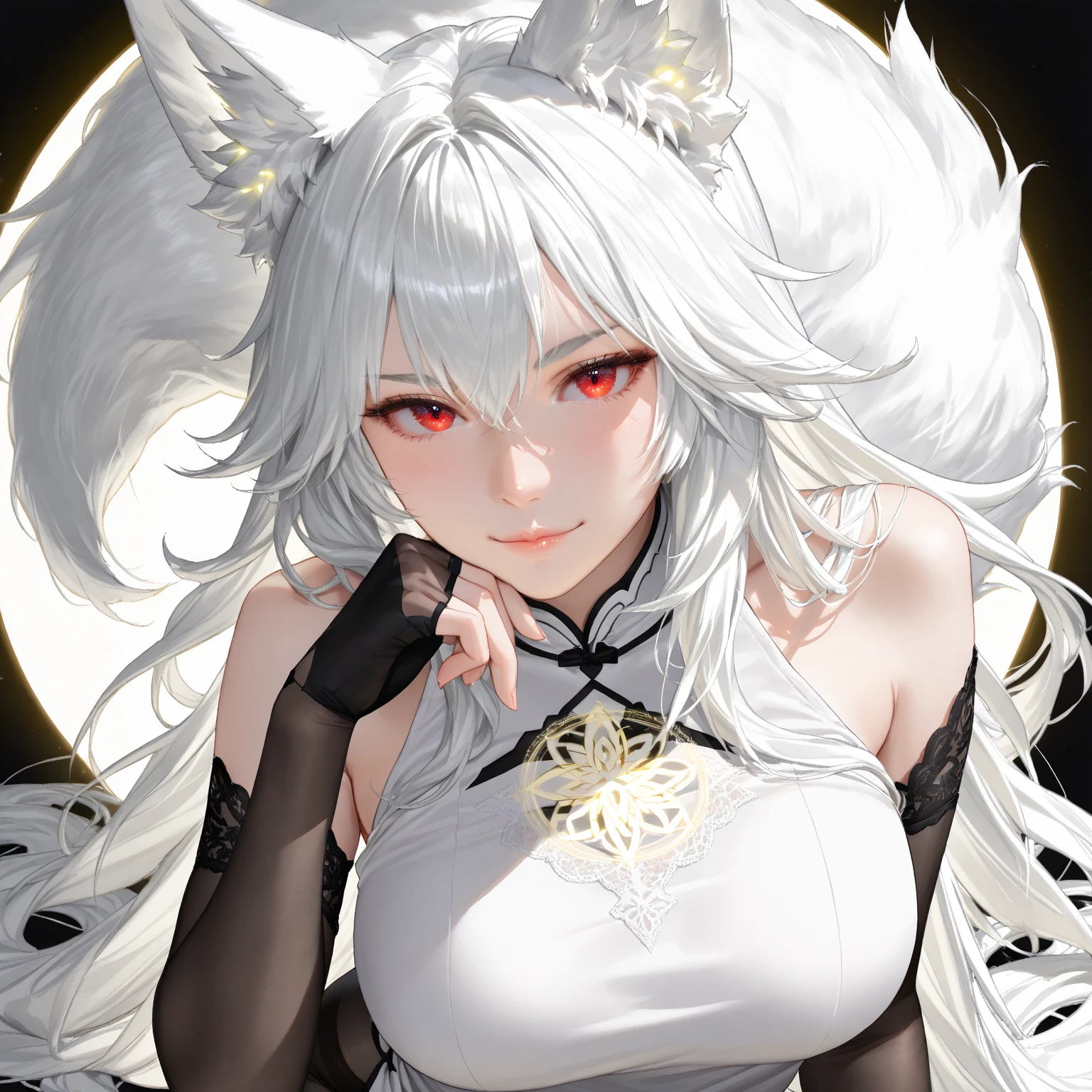 Masterpiece, Super high-quality computer graphics, Best quality, perfect image, beautiful eye details, very detailed, ultra detailed, one, (1 woman), She in a white shirt, black jeans and in an elegant pose, super mature, tall, mom, mature mother, super long hair, bright white hair and bangs on the sides, white wolf ears, beautiful, charming, bright blue eyes, elegant, big breasts, cheerful breasts, lustful smile, charming, dark background, daring atmosphere against the background of nature and forest.