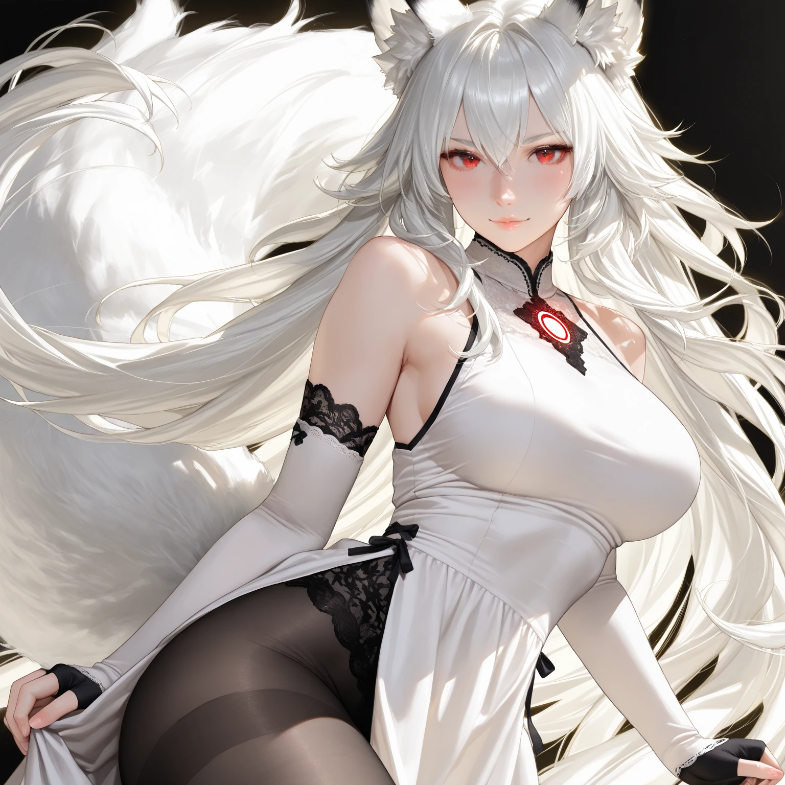 anime woman, white long hair, ribbons, flower in hair, blushing, blue eyes, cat ears, 8k, high res, 1 woman, good lighting, fine detail, (masterpiece), perfect face, best quality, looking at viewer, cleavage, expressive face, exposed shoulders, full body, panties, oversized t-shirt, glasses