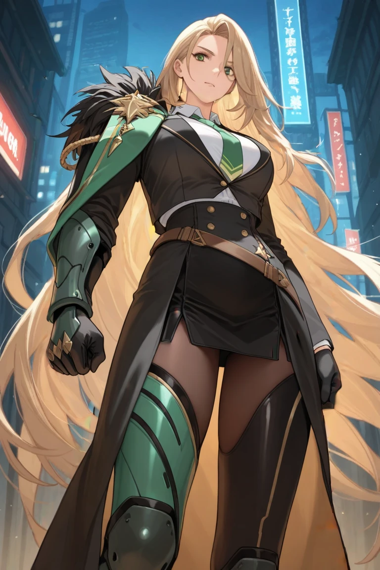1girl, green eyes, blonde hair, long hair, large breasts, hourglass figure, bodysuit, white bodysuit, neon, neon trim, machinery, tech, science-fiction, futuristic, serious, standing, full body, ((full body)),, pantyhose, black pantyhose, wavy hair, fighting stance, drone, robot girl, shoes