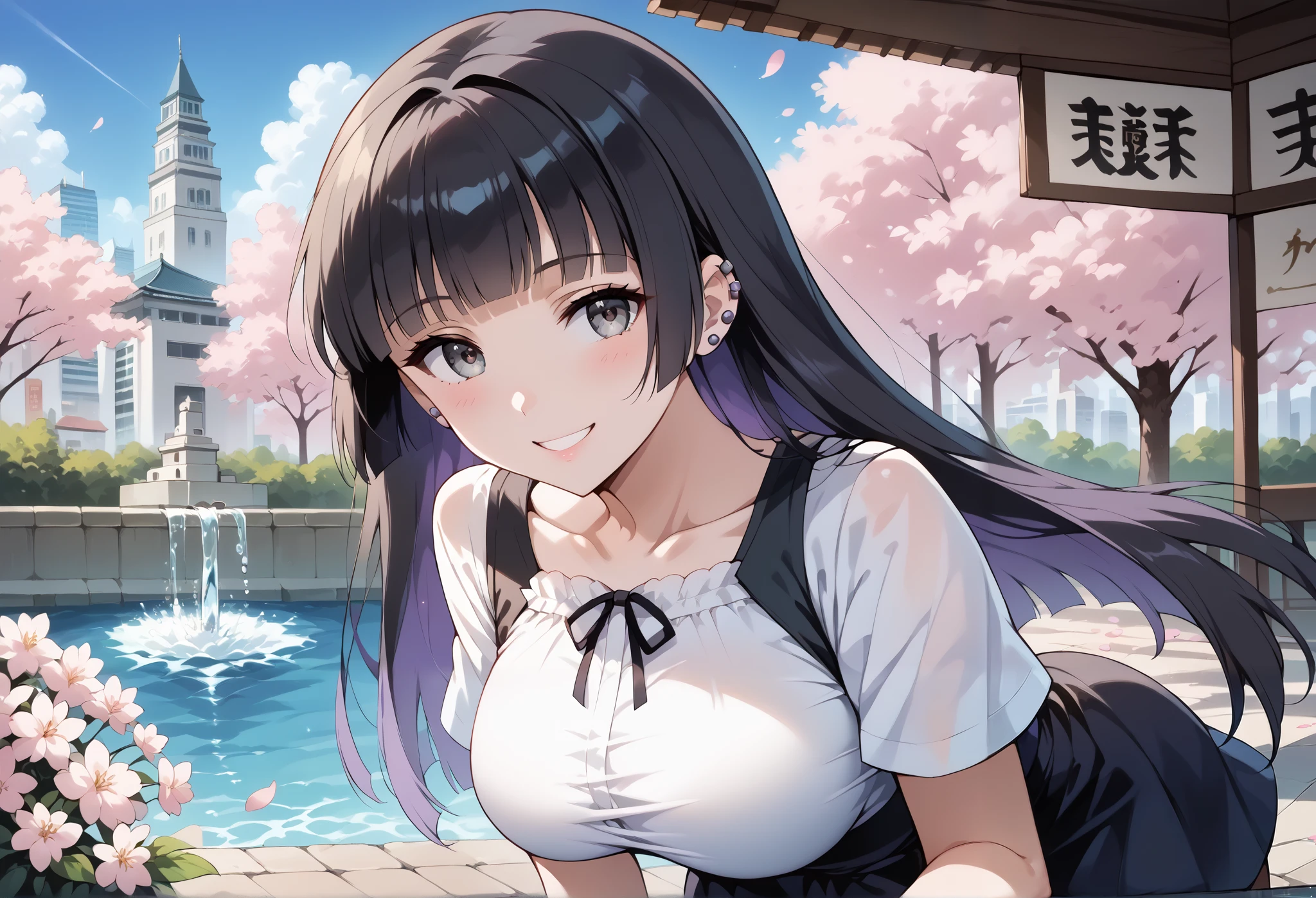 score_9, score_8_up, score_7_up, source_anime, 4K,perfect fingers,(perfect hands, perfect anatomy),prefect lighting, very aesthetic, intricate details,highly detailed background, masterpiece, high quality, best quality,
1girl,solo,pasan, pasan, ((black hair:1.5)), blunt bangs, blunt ends, chin piercing, colored inner hair, ear piercing, grey eyes, hime cut, long hair, medium bangs, multicolored hair, piercing, purple hair, ((large breast:1.5)),
wearing ((casual dress,frills,ornate clothing, )),,
forest, sakura, cherry blossoms, Sakura petals fall,action pose, looking at viewer, head tilt, playful smile,from behind, leaning forward, looking at viewer, smile, outdoors, sky, solo focus, day, cloud, city plaza, water fountain,pov, noon,