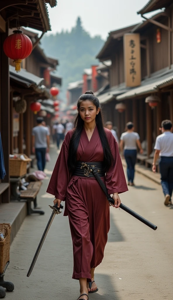 The expression is a smile. Produce a female martial artist costume designed in shades of deep red and black. Give this image a dynamic feeling of fire and wind. Next, add a combat outfit (raw legs or tights) designed to accentuate the lines of the body (mini-skirt or spats) and give it a special touch with metal accents and belts. Further, combine accessories with gold or silver armbands, a cape without a brim and matching rings or earrings. Finally, emphasise the martial artist's strength and charm with sharp eyeliner and a deep red lip. Dynamic poses: adopt poses that show the energy and movement of a martial artist, such as fists thrust forward or raising one leg to replicate the action of a kick. Location: an ancient stone dojo with a thick mist in the air. It is surrounded by old stone statues and bamboo forests, with a cascading waterfall in the background. The place has a mystical and historical atmosphere that complements the martial artist's costume and its dynamism.