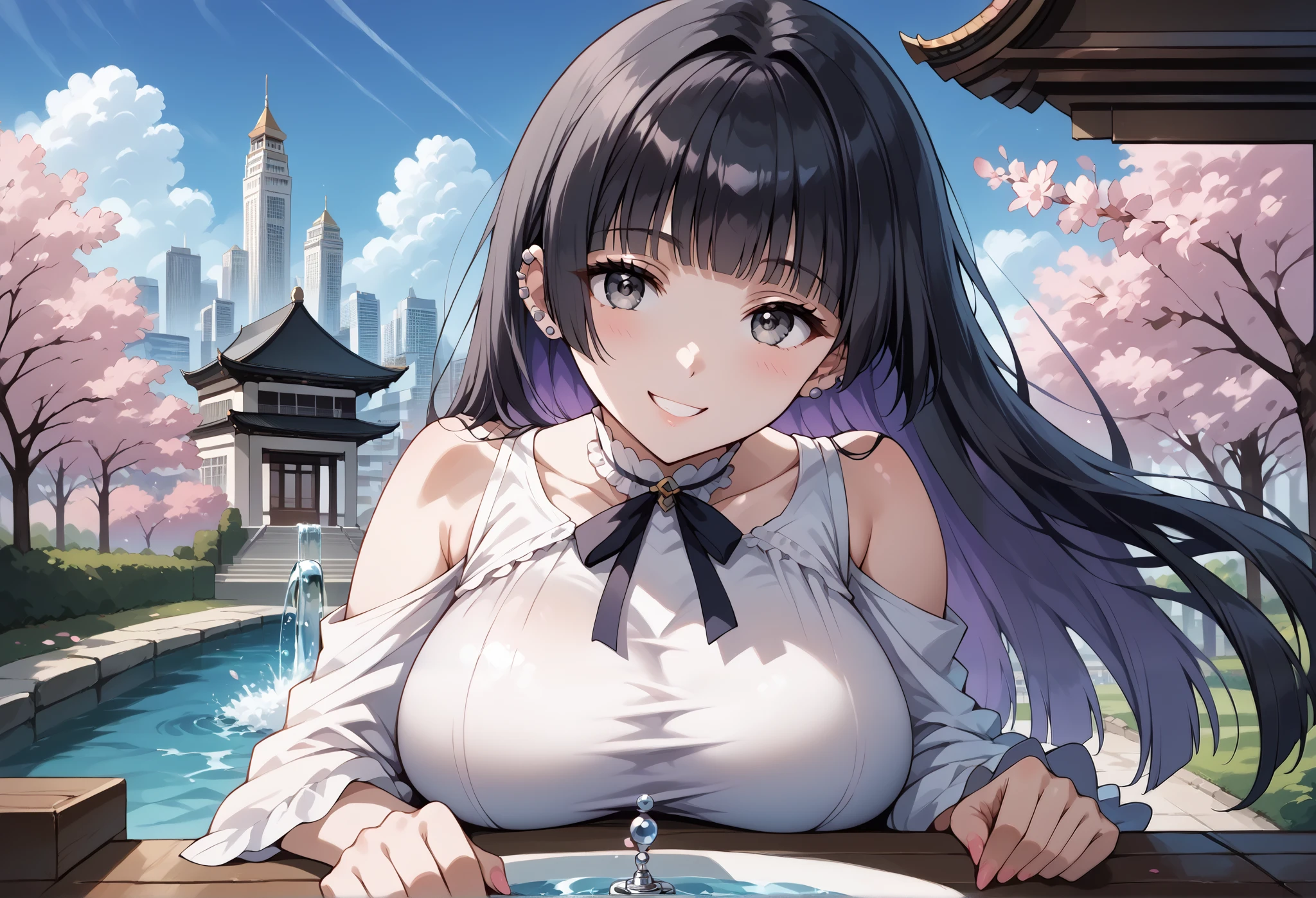 score_9, score_8_up, score_7_up, source_anime, 4K,perfect fingers,(perfect hands, perfect anatomy),prefect lighting, very aesthetic, intricate details,highly detailed background, masterpiece, high quality, best quality,
1girl,solo,pasan, pasan, ((black hair:1.5)), blunt bangs, blunt ends, chin piercing, colored inner hair, ear piercing, grey eyes, hime cut, long hair, medium bangs, multicolored hair, piercing, purple hair, ((large breast:1.5)),
wearing ((casual dress,frills,ornate clothing, )),,
forest, sakura, cherry blossoms, Sakura petals fall,action pose, looking at viewer, head tilt, playful smile,from behind, leaning forward, looking at viewer, smile, outdoors, sky, solo focus, day, cloud, city plaza, water fountain,pov, noon,