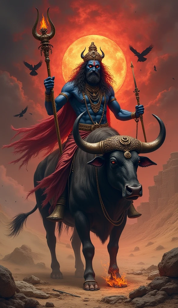Yama dharma raju sittings in buffalo while caring hanuman gada in angry mood