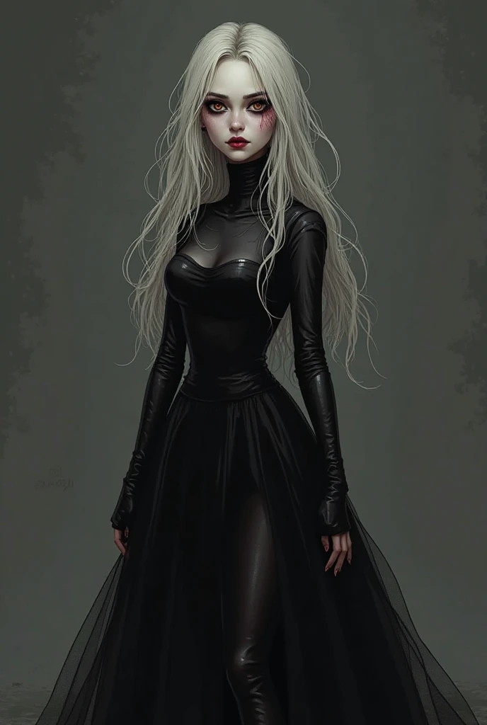 AMANDA SEYFRIED with her breasts covered by a viscous black liquid running down her body, viscous black fabric, her body and face is wet, blue eyes, white hair, black lipstick, dress of viscous black fabric running down the floor, standing on the dirt floor in a dark and gloomy forest, cloudy and rainy day, swamp, slimy black gloves, lots of fog in the background, (photo with better quality, a masterpiece, sensuality and elegance, depth of field, HD, photograph taken by Sony R7 camera with 85mm Full frame lenses, f1.2 aperture), portrait style