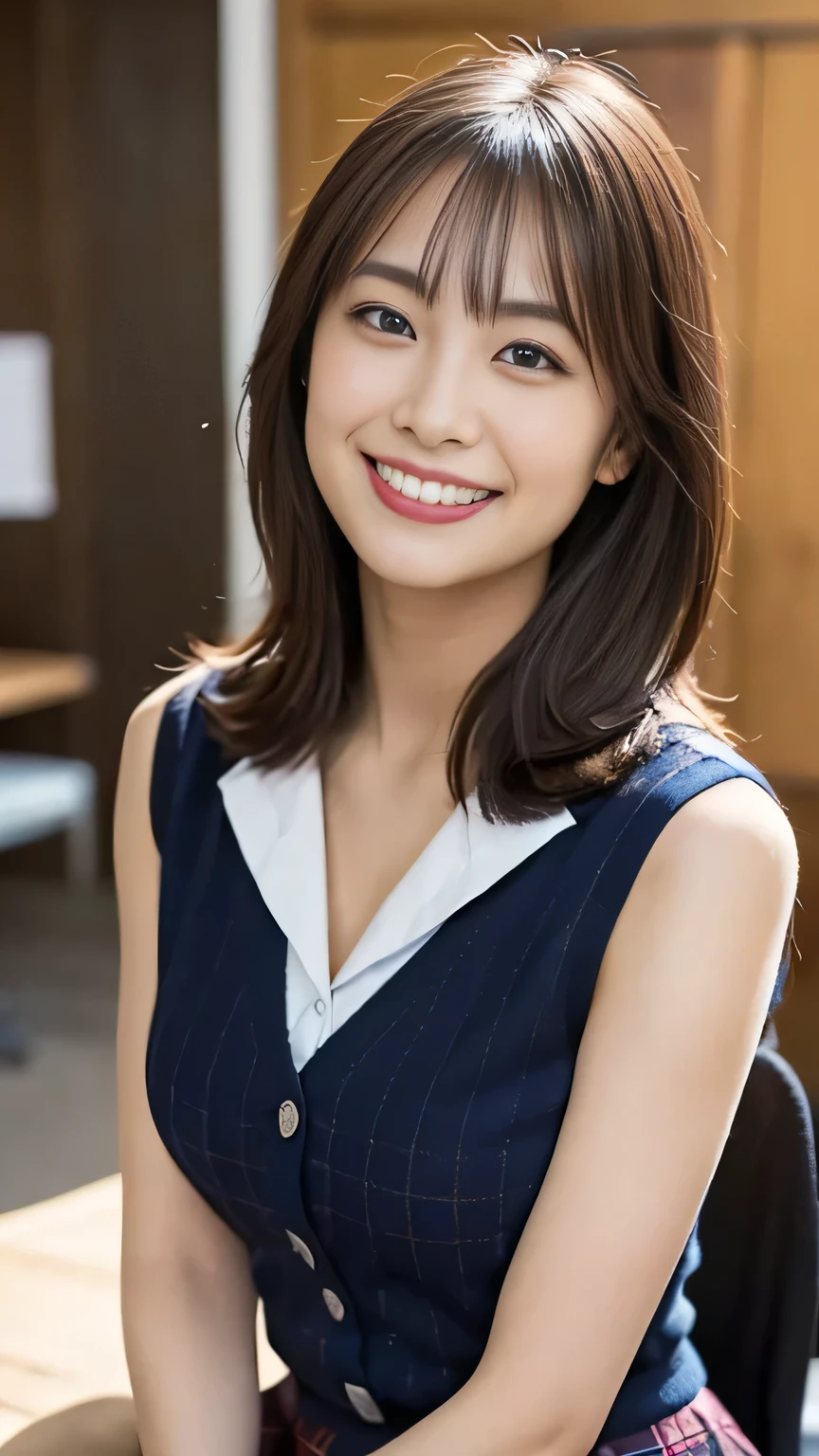 (Photorealistic), (Genuine:1.4), 1With a girl、very cute girl, A shy smile, Plaid Vest, Skirt and thighs, office room, Working at an office desk, realistic skin texture, Shiny Skins, exposed thighs,(Business Service), (very nice smile:1.2)