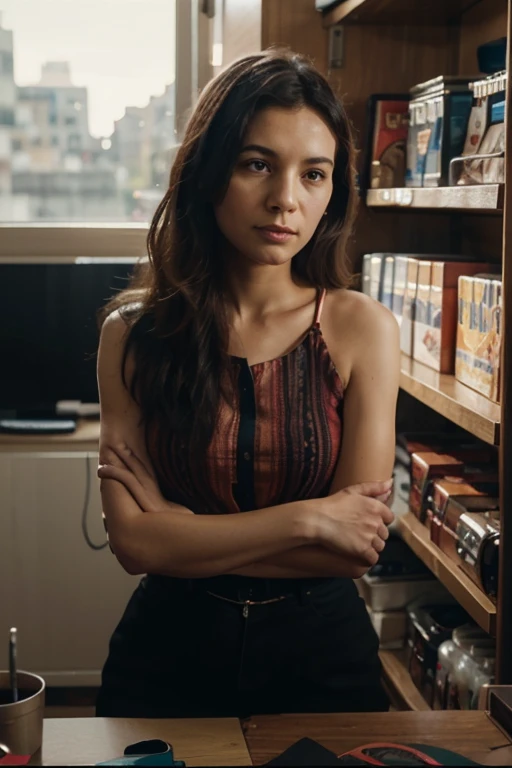 1 girl, red shirt, black skirt, cafe table, sunrise, black hair, straight hair, yellow eyes, solo, sitting on chair, looking at viewer, dramatic lighting, coffee on table