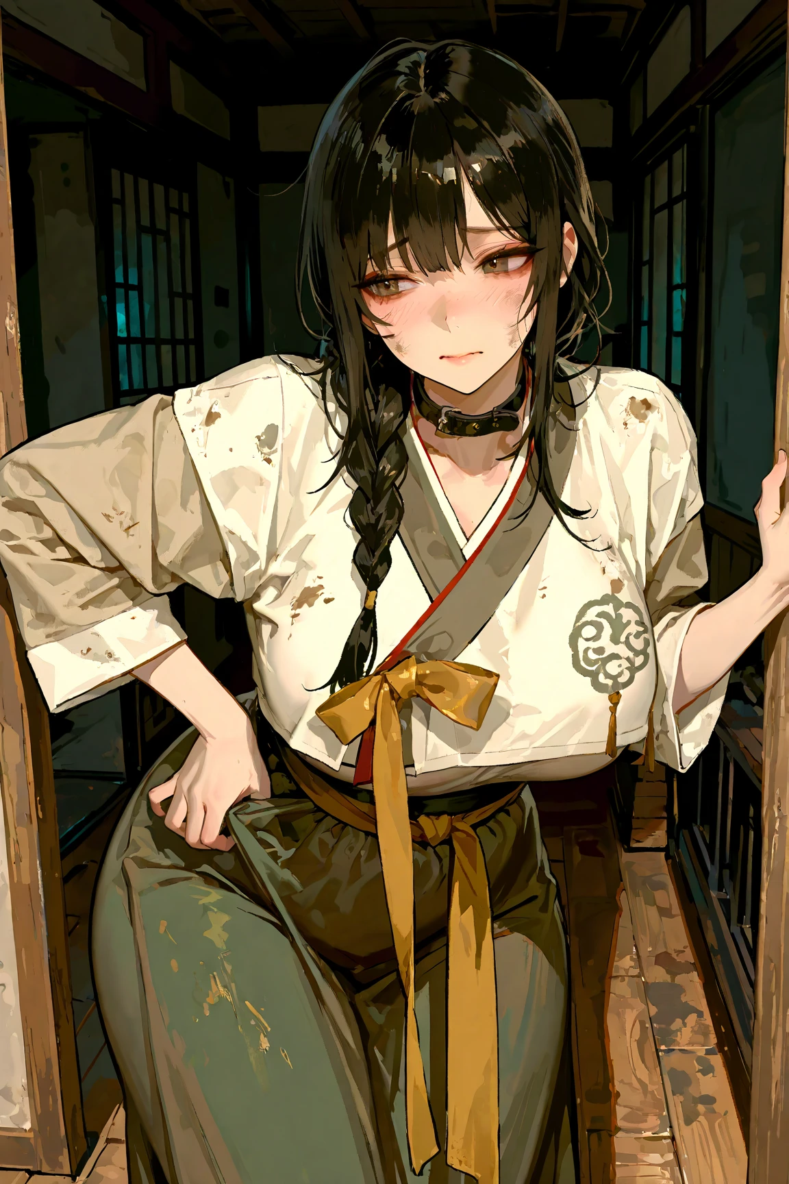 masterpiece:1.2, 8k resolution, ultra-detailed, highly detailed, detailed texture:1.4, cinematic lighting, soft white lighting, atmospheric depth, cinematic framing, balanced lighting, vivid fabric detail, glossy skin:1.2, ultra glossy fabric:1.2, Cowboy shot, full body in frame, front-facing, Mature physique, voluptuous body, wide hips, slim waist, large breasts:1.3, pale skin, flushed cheeks, long braided black hair, loose strands on face, dirty grey hanbok, worn and frayed traditional Korean clothes, hands pulling at waist ribbon, clearly untying clothing, fingers gripping cloth, slight tension in ribbon, upper body leaning forward, head tilted downward, eyes glancing upward toward viewer, shy and nervous expression, collar slightly loosened, traditional Korean hanok interior, wooden floor and walls, natural white daylight