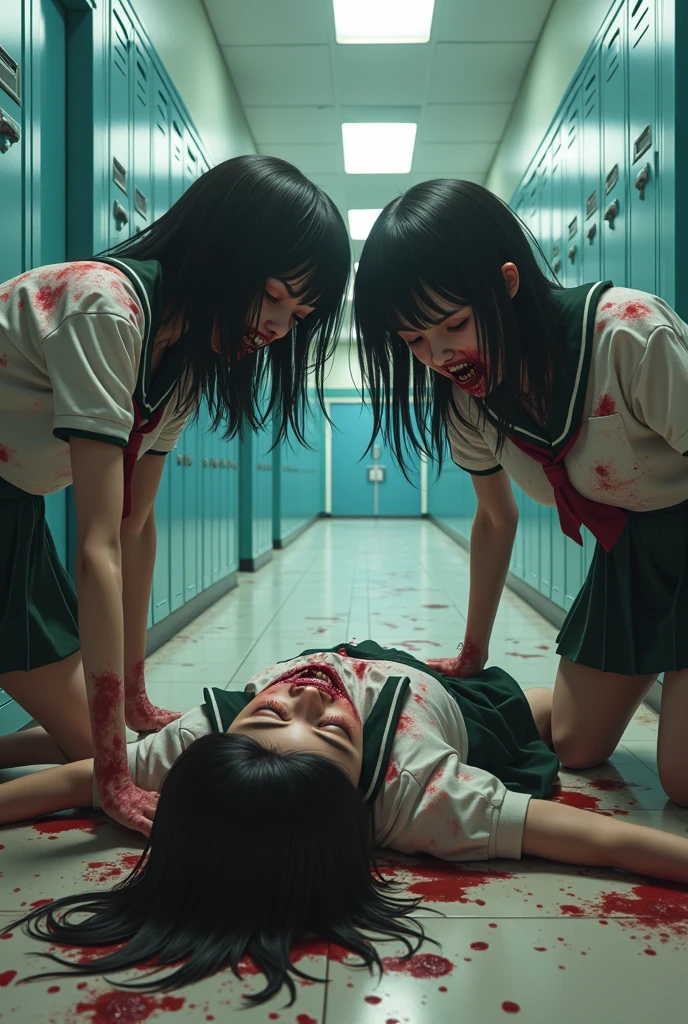 School girls in black skirts killing boy on the floor by strangling him