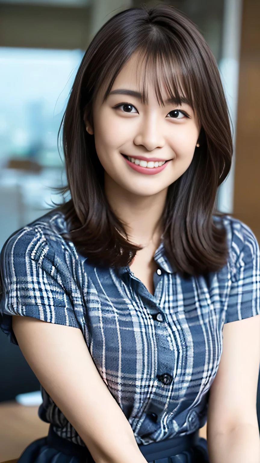 (Photorealistic), (Genuine:1.4), 1With a girl、very cute girl, A shy smile, Plaid Vest, Skirt and thighs, office room, Working at an office desk, realistic skin texture, Shiny Skins, exposed thighs,(Business Service), (very nice smile:1.2)