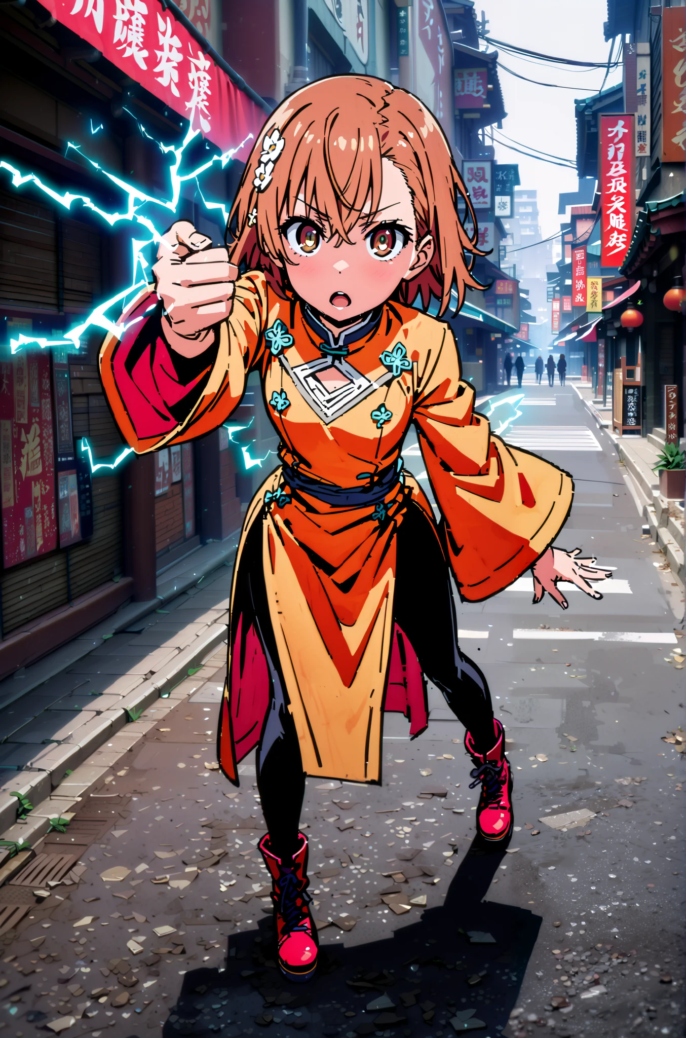 Mikoto and Misaka, Misaka Mikoto , short hair, black cock, hair ornament, hair flower, brown eyes,serious,open your mouth,electricity ,Superpowers(electricity ity),Electric current is emitted from the body ,cosplay, ,That's right., open your mouth, White Chinese clothing,Long slit,black pantyhose,boots,is standing, combat posture,full bodyがillustrationに入るように,break outdoors, Chinatown,
break looking at viewer,full body,
break (masterpiece:1.2), best quality, high resolution, Unity 8k Wallpaper, (illustration:0.8), (beautiful detailed eyes:1.6), very detailed face, so that it fits into the illustration, extremely detailed CG, (perfect hand, perfect anatomy),