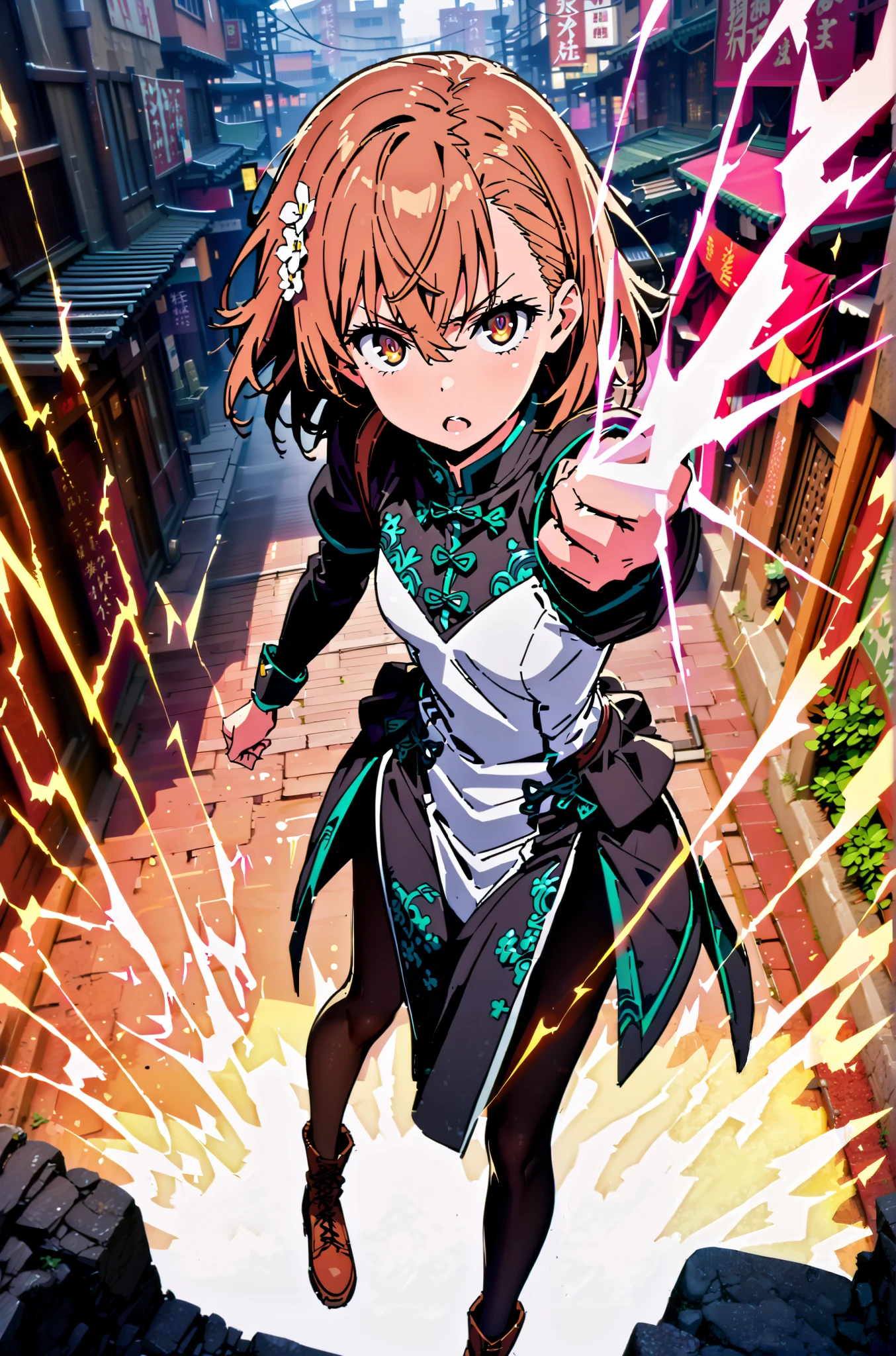 Mikoto and Misaka, Misaka Mikoto , short hair, black cock, hair ornament, hair flower, brown eyes,serious,open your mouth,electricity ,Superpowers(electricity ity),Electric current is emitted from the body ,cosplay, ,That's right., open your mouth, White Chinese clothing,Long slit,black pantyhose,boots,is standing, combat posture,full bodyがillustrationに入るように,break outdoors, Chinatown,
break looking at viewer,full body,
break (masterpiece:1.2), best quality, high resolution, Unity 8k Wallpaper, (illustration:0.8), (beautiful detailed eyes:1.6), very detailed face, so that it fits into the illustration, extremely detailed CG, (perfect hand, perfect anatomy),