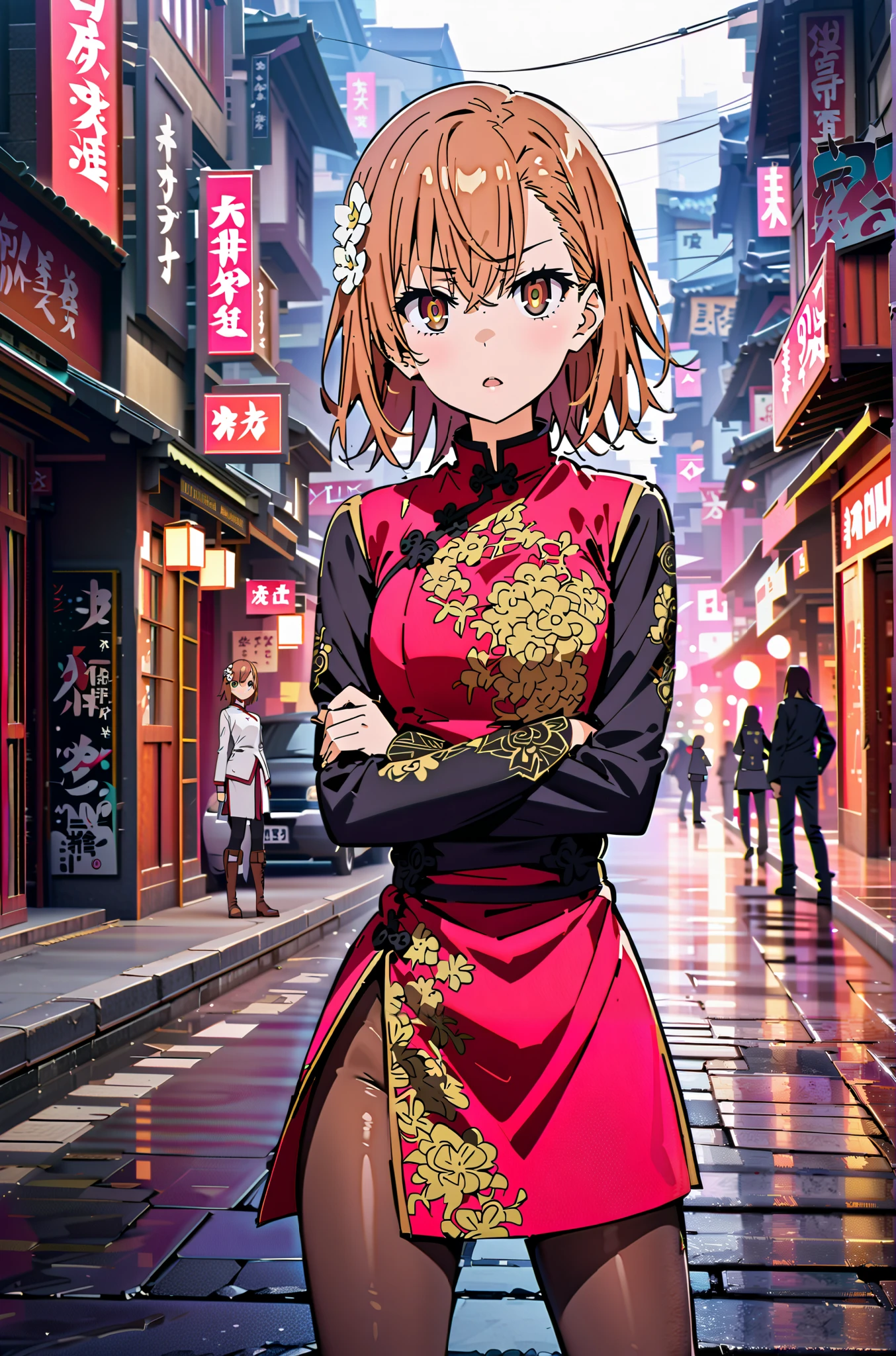 score_9, score_8_up, score_7_up, source_anime,
Mikoto and Misaka, Misaka Mikoto , short hair, black cock, hair ornament, hair flower, brown eyes,serious,open your mouth,electricity ,Superpowers(electricity ity),Electric current is emitted from the body ,cosplay, ,That's right., open your mouth, White Chinese clothing,Long slit,black pantyhose,boots,is standing, combat posture,full bodyがillustrationに入るように,break outdoors, Chinatown,
break looking at viewer,full body,
break (masterpiece:1.2), best quality, high resolution, Unity 8k Wallpaper, (illustration:0.8), (beautiful detailed eyes:1.6), very detailed face, so that it fits into the illustration, extremely detailed CG, (perfect hand, perfect anatomy),