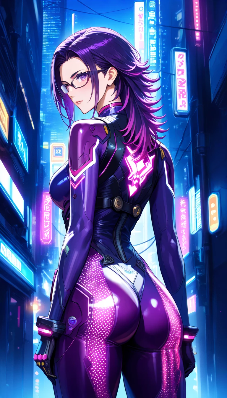Saigusa Haruka, purple hair, ponytail, sidetail, psychopatic face, evil face, emotionless face, anime character in a futuristic suit standing in a room, bodysuit, neon bodysuit, secret agent, girl in mecha cyber armor, neon genesis evangelion style, cyberpunk anime girl mech, evangelion third impact inspired, style of ssss.gridman (2018), movie still of robot evangelion, modern sci-fi anime, modern mecha anime, symphogear, mecha anime