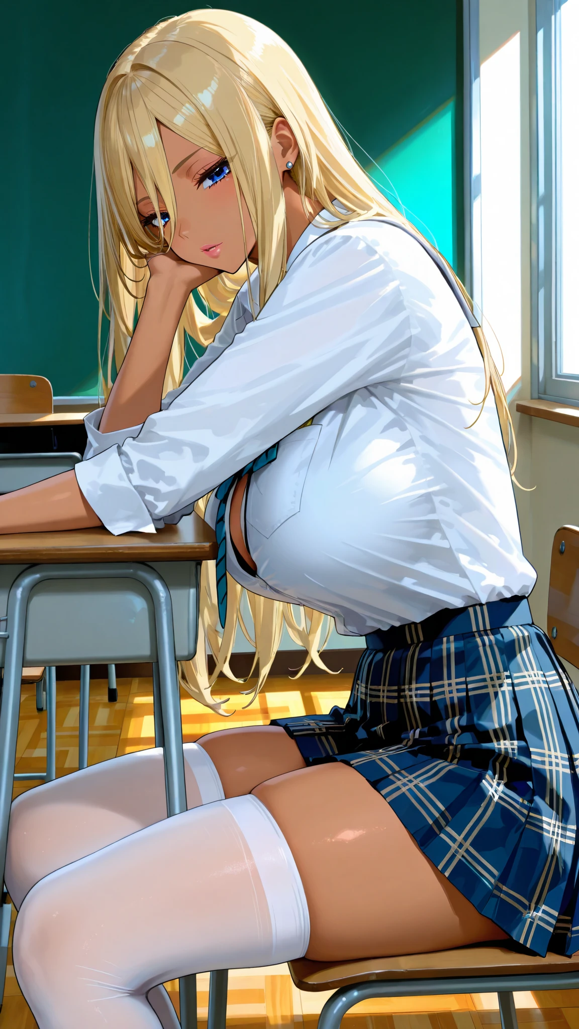 Score_9, Score_8_up, Score_7_up, Score_6_up, Score_5_up, Score_4_up, Source_anime, Best quality, High quality, Detailed, High resolution, 8k, Ultra high res, Soft saturation, Professional quality, Perfect litthing, Anatomically correct, Big breasts, Wide hips, Gyaru, calm look, short skirt, white stockings, schoolgirl, school uniform, classroom, KJOgyaru, blonde hair, long hair,blue eyes, (hair between eyes), sitting in the class next to the desk, sideview, from the side, streaching up waist from the side