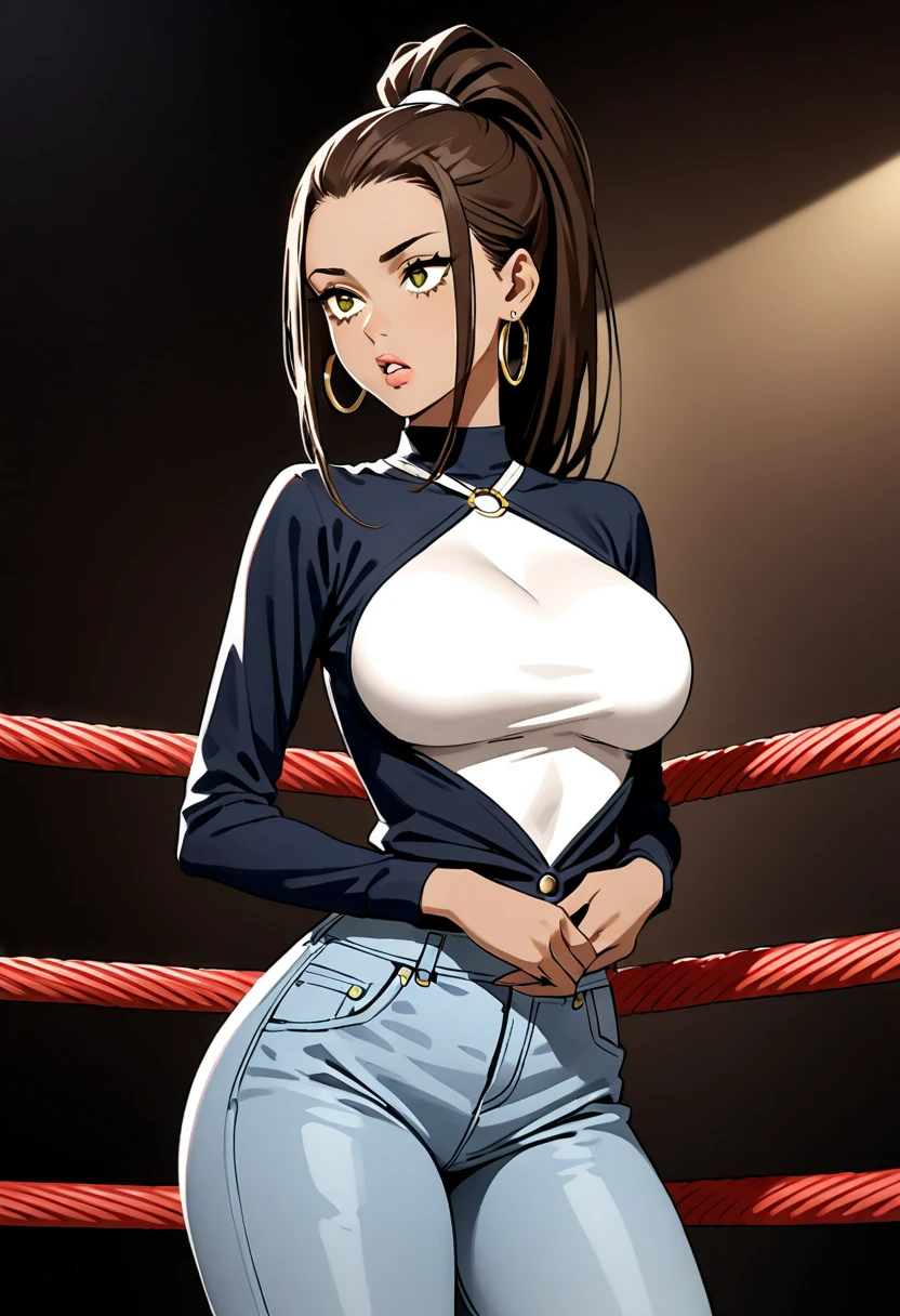 Solo girl, weare glasses, wrestling ring , shimizu frim haikyuu, seductively standing , seductive face , ((wrestling ring background)), very femenine slutty playboy face, black hair , hair bangs covering forhead, eye shadow and eyeliner, extremely long eyelashes, boduly shot hot, wears a boyfriend jeans tugged up extremely high covering her navel entirely , curvy big thighs , her jeans is oversize but digging inside her pussy forming camel toe , obvious high waisted boyfriend trousers,, wearing an oversize white crop top , rounded breasts hot . Curvy hips , fit