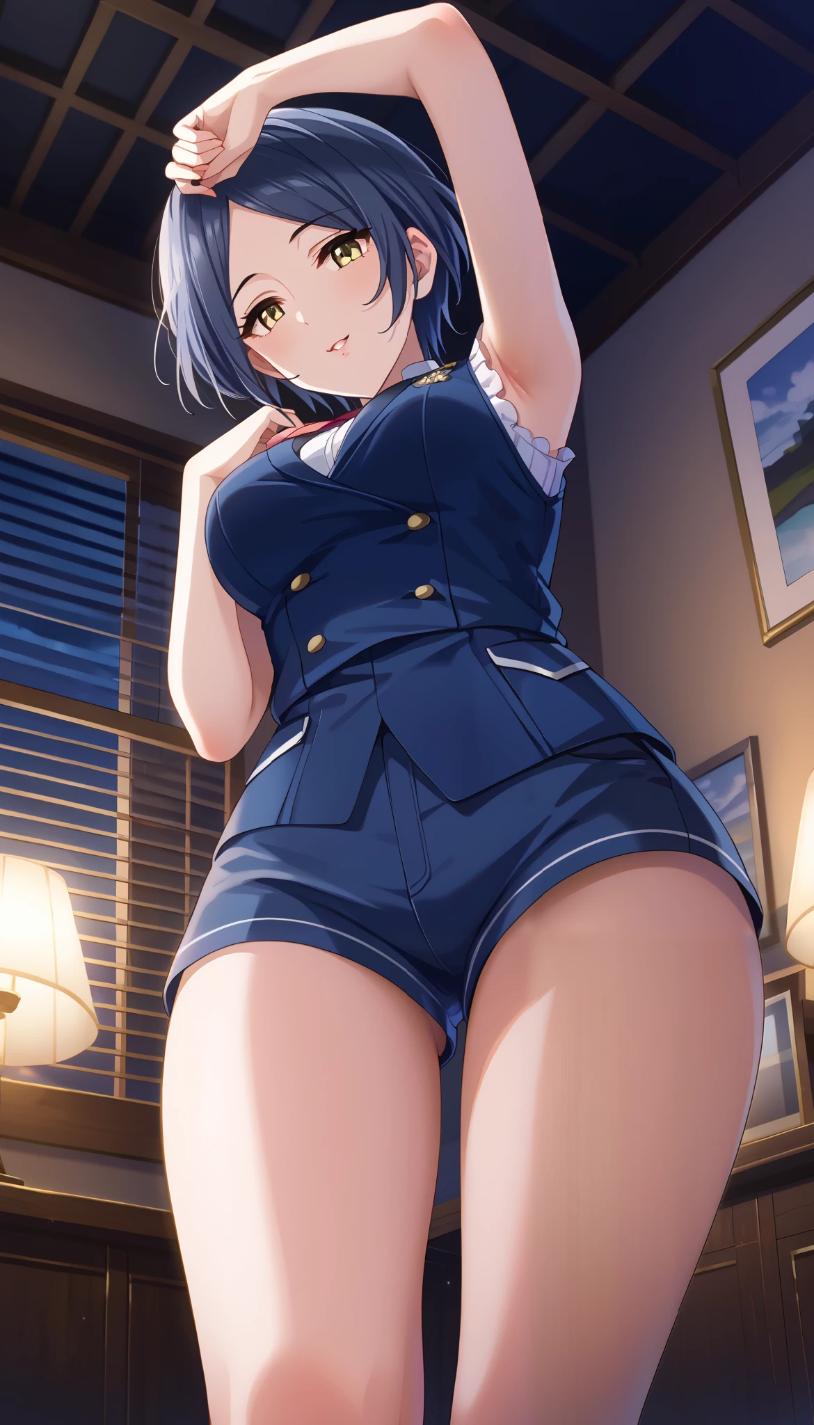 (iwanagadress:1.2), (iwanagakotoko:0.9),(beret:1.8), iwanaga kotoko, 1girl, beret, black bow, blue skirt, bow, brown footwear, cane, dress, hair bow, hat, holding, holding cane, juliet sleeves, light brown hair, long sleeves, looking at viewer, petticoat, puffy sleeves, purple eyes, short hair, skirt, solo, thigh strap, thighhighs, white dress, white headwear, white thighhighs, kyokou suiri, thong, skirt lifted