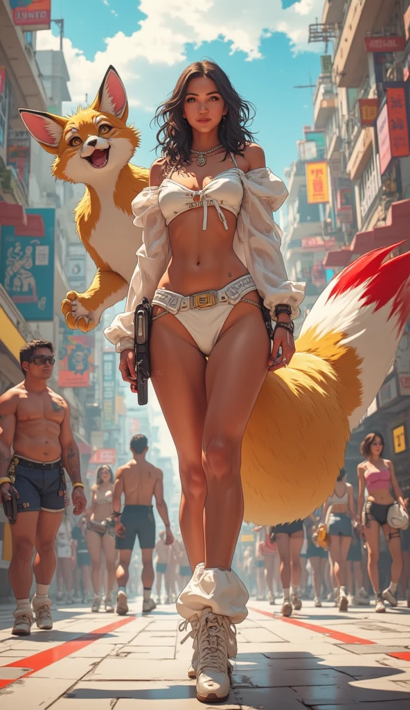 Rocky Rabbit female sex with a very beautiful face, elongated blue eyes with a six pack body and very tall with red shorts and bra destroys the city of Paris, the buildings collapse and catch fire due to the power of Rocky Rabbit, dust and  The smoke rises, there is a Red Bull drink in his hand