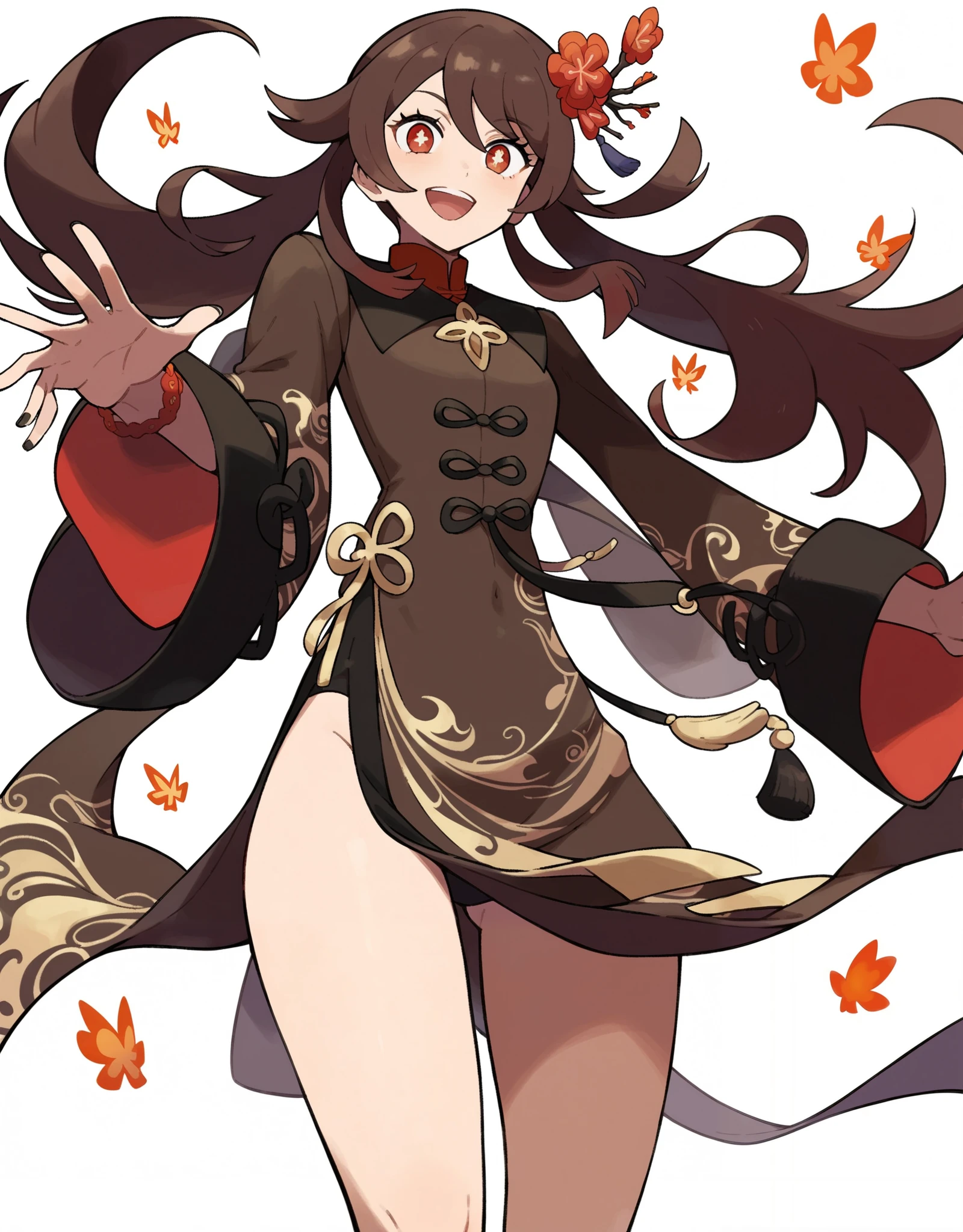 score_9, score_8_up, score_7_up, Hu Tao, pokemon pokemon_(anime) pokemon_journeys pokemon_sv pokemon_bw2 1girls score_9, score_8_up, score_7_up, pokemon pokemon_(anime) pokemon_journeys pokemon_sv pokemon_bw2 1girl, from below, Anime girl, long dark brown hair, crimson tips, red eyes, red flower, gold emblem, Chinese dress, red and gold patterns, ghostly flames, spectral energy